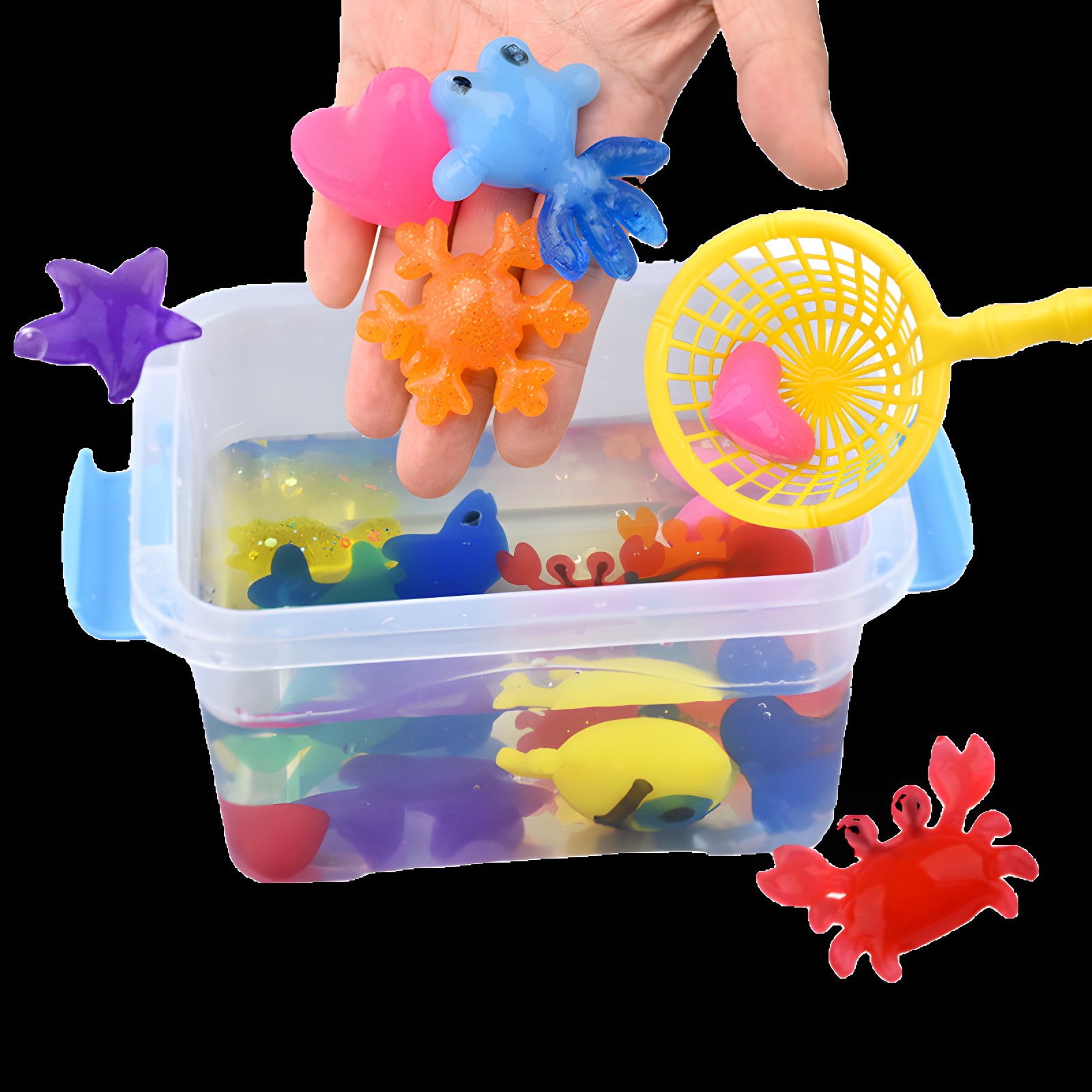 Hand holding colorful water sprites with a yellow net and container full of toys