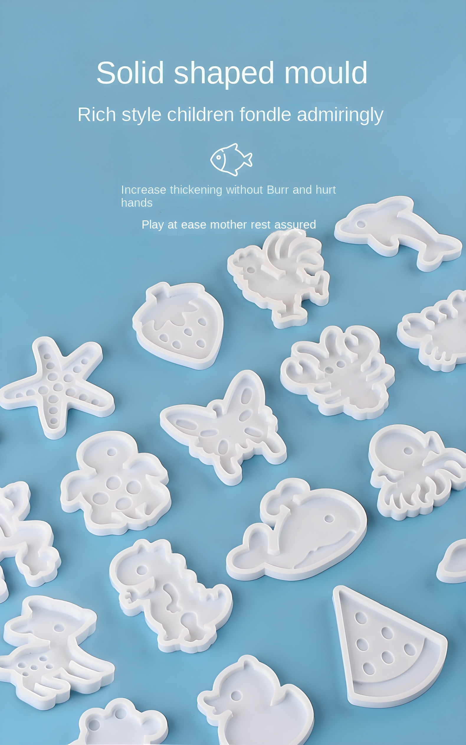 Collection of white 3D silicone molds in various shapes like animals and fruits