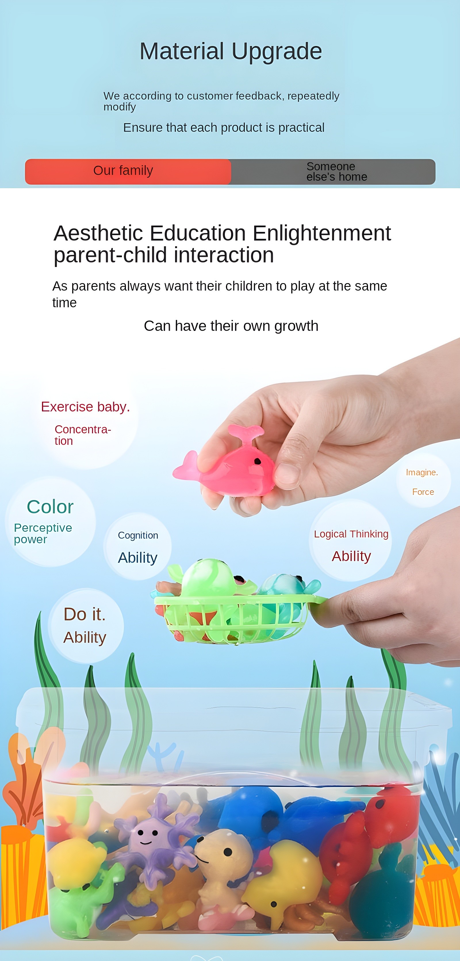 Hands holding colorful water sprites with educational benefits listed around them