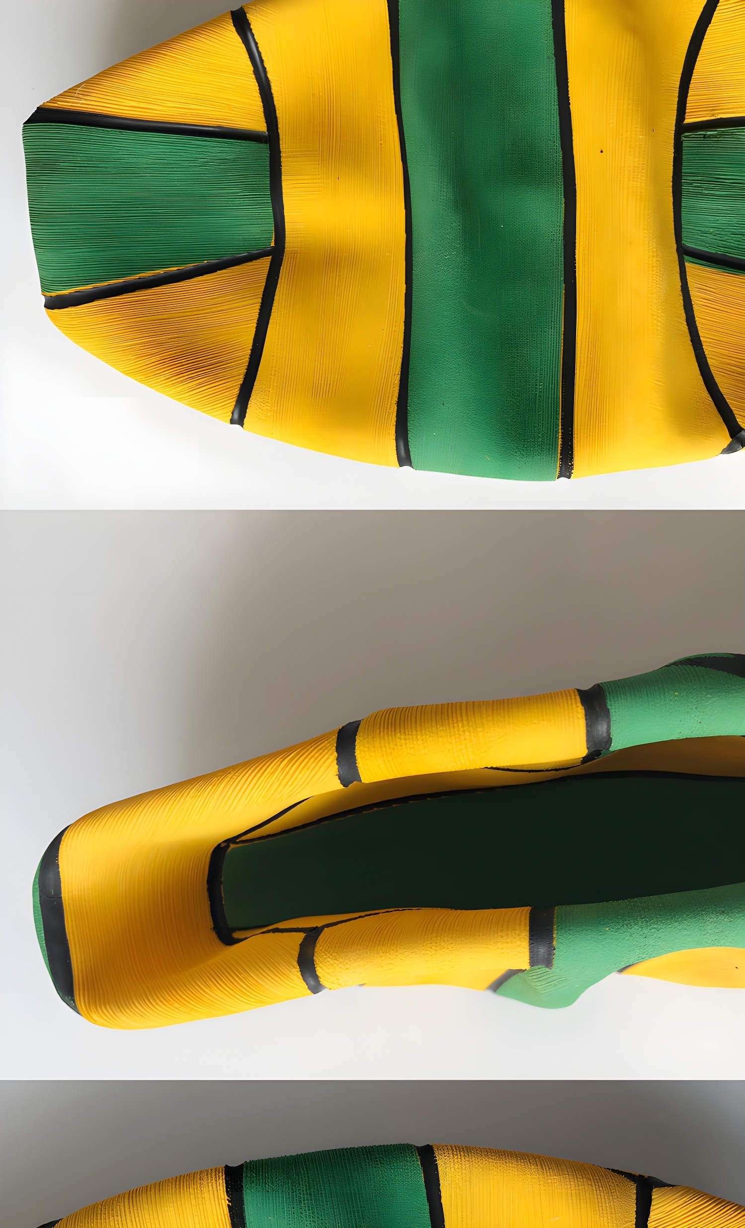 Close-up of LanHua water polo ball showing yellow and green panels with black seams.