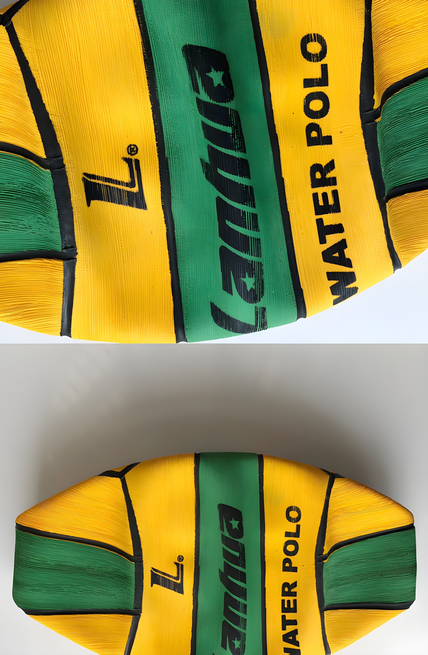 Black and white close-up of LanHua water polo ball showing branding 'LanHua WATER POLO' and logo.