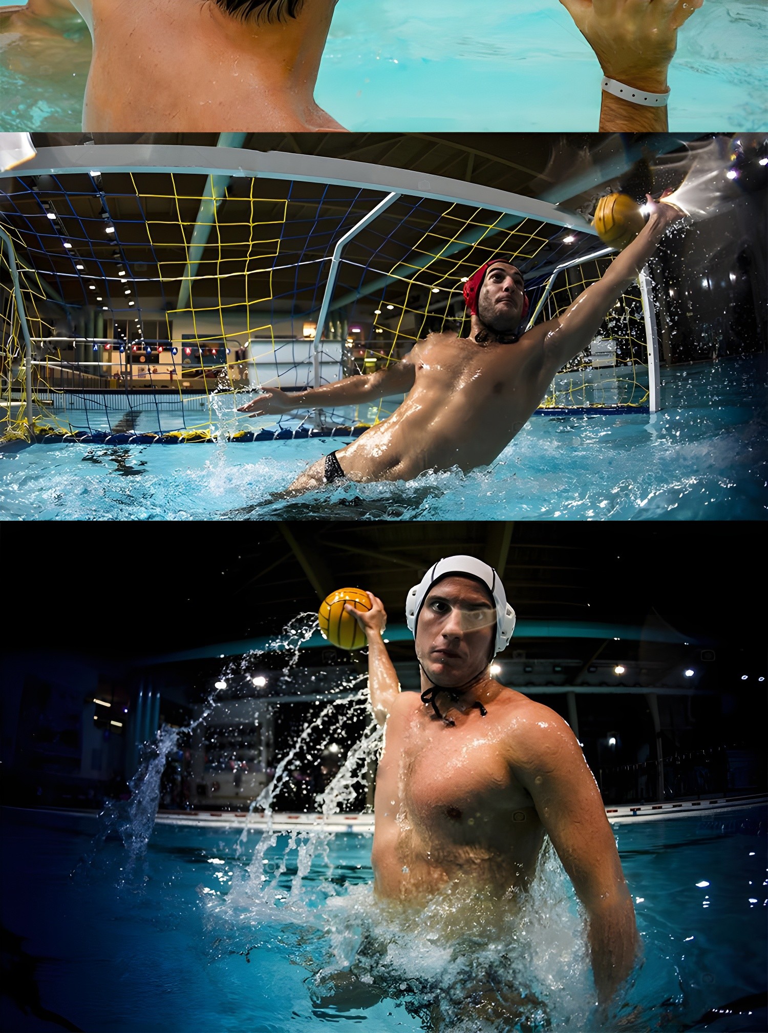 Composite image showing various angles of LanHua water polo balls in action and close-ups, including black and white photos and promotional graphics.