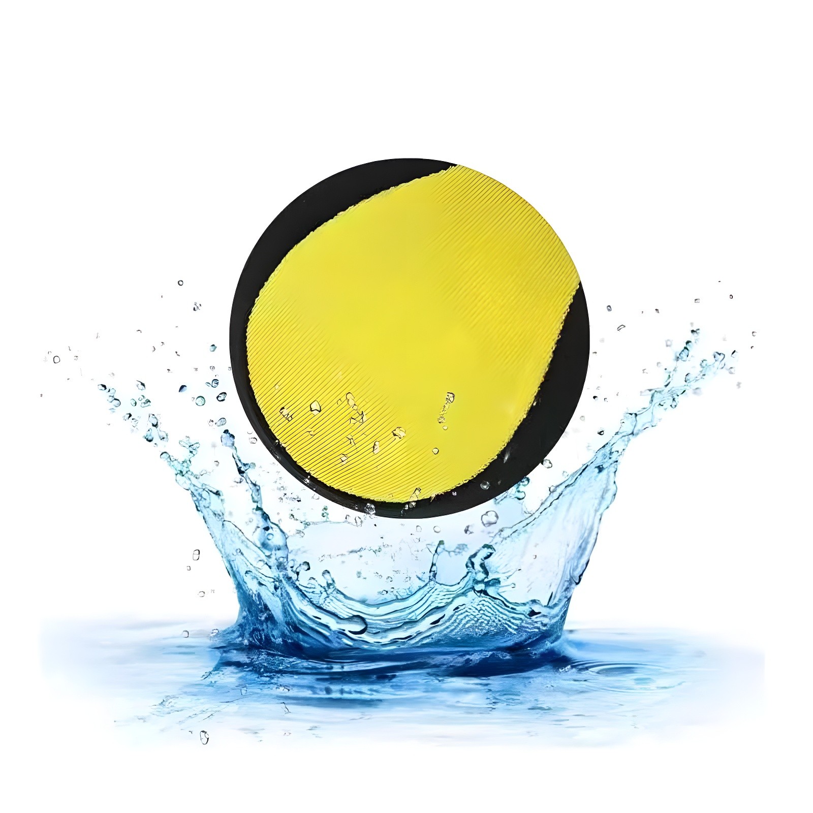 Yellow and black water bounce ball splashing in water against white background
