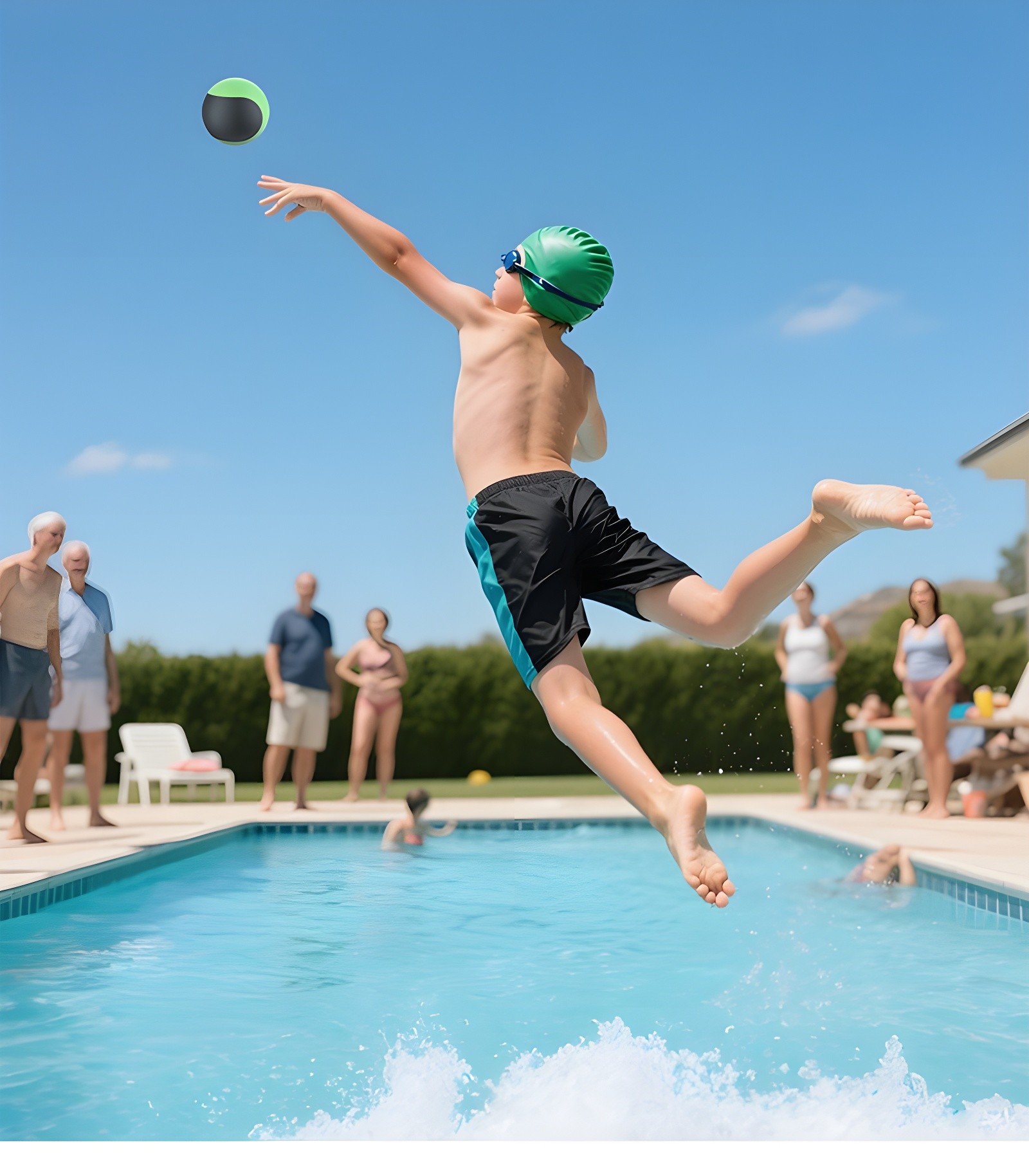 Child jumping into pool to catch green and black water bounce ball