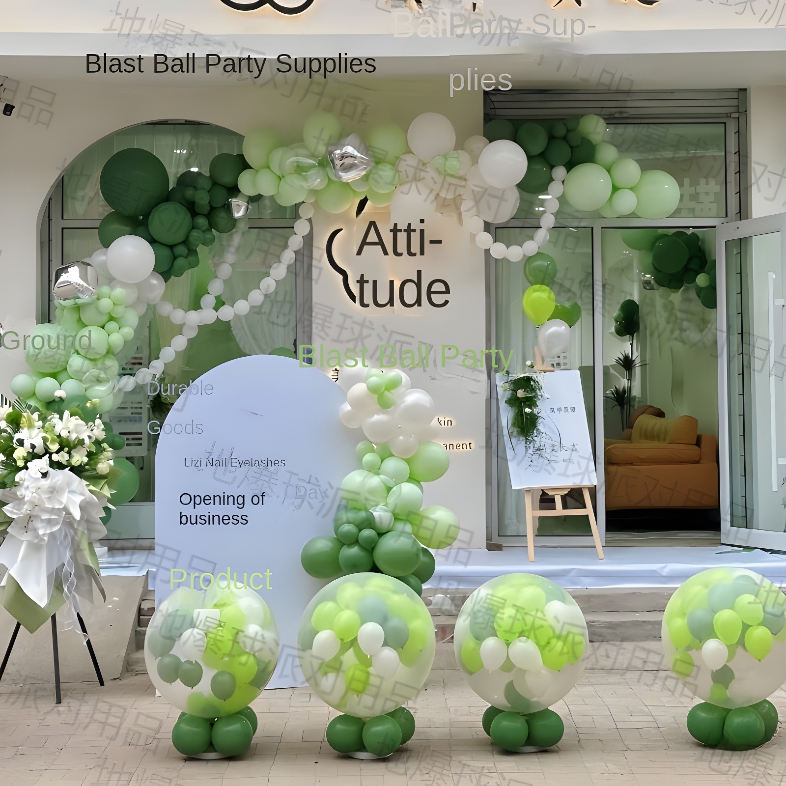 Green and White Balloon Arch for Business Opening
