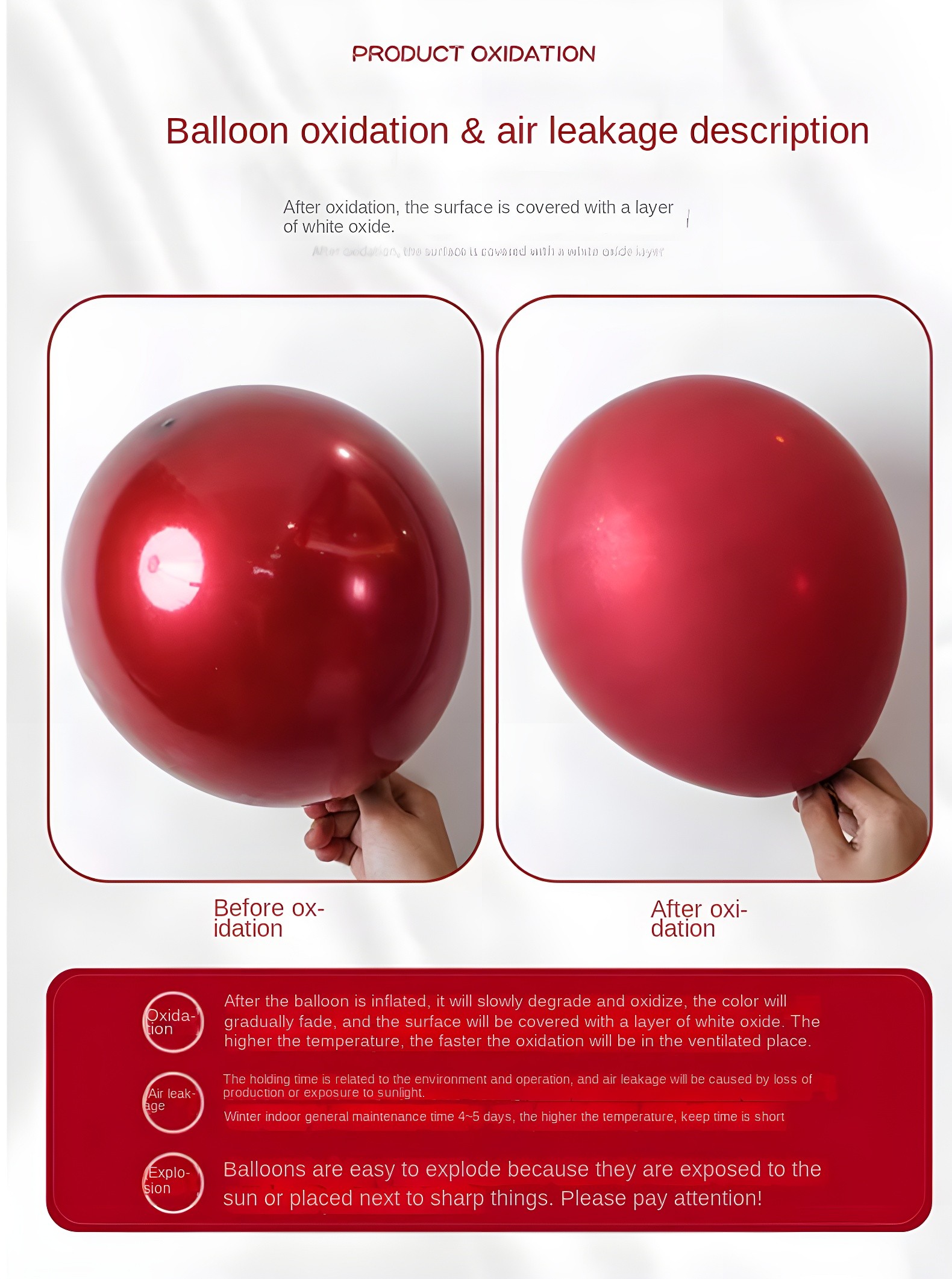 A comparison image showing a red balloon before and after oxidation, highlighting the product's resistance to fading.