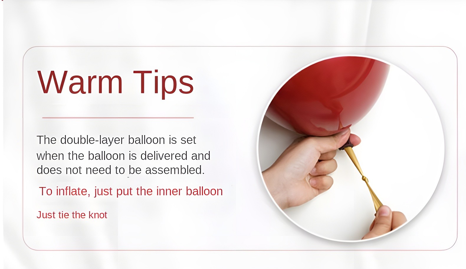 Another Warm Tips section reiterating the ease of inflating double-layer balloons by tying the inner knot.