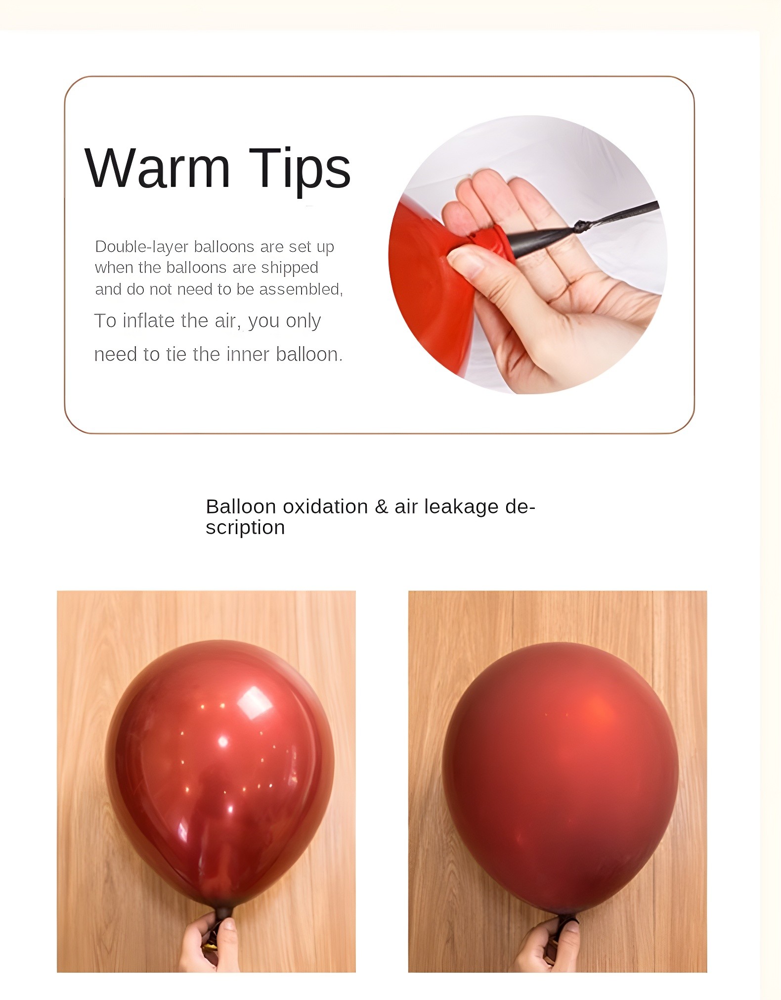 Warm Tips section showing how to inflate the inner balloon of a double-layer balloon.