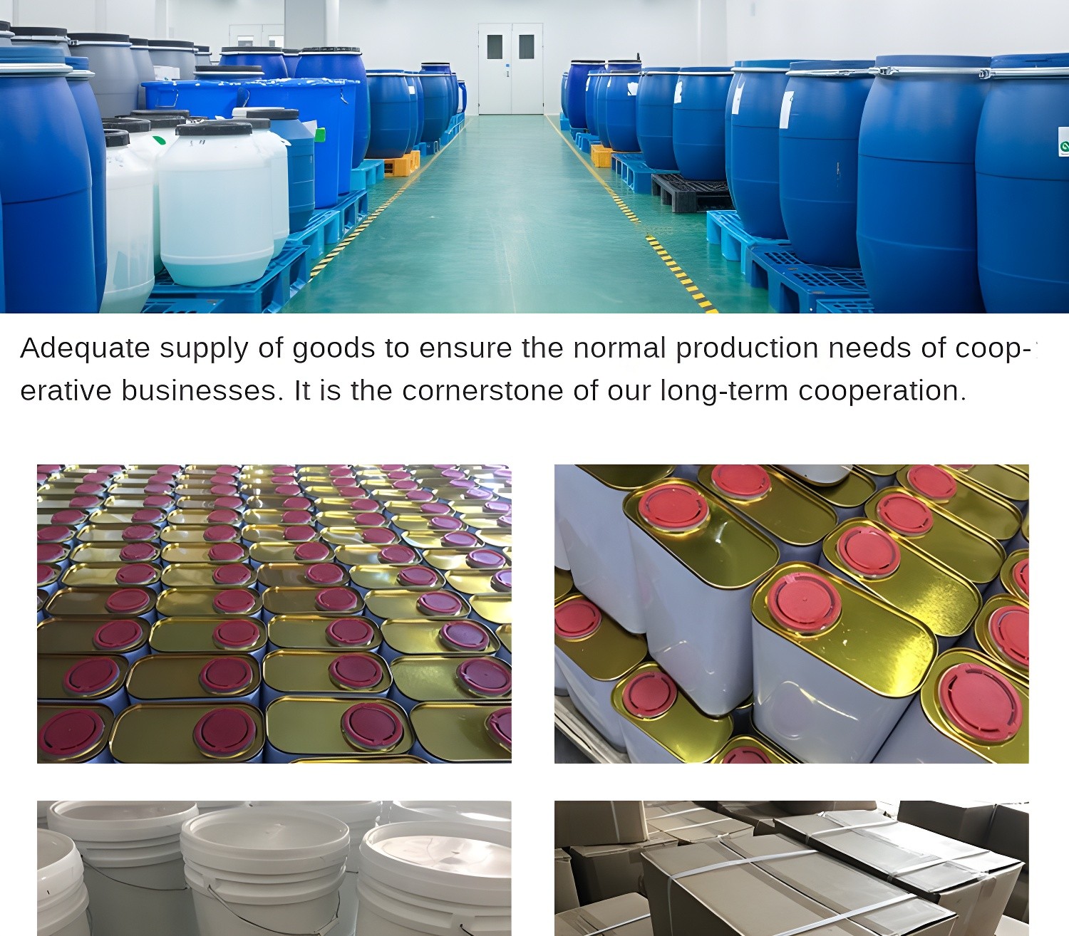 Factory storage with blue barrels and white containers