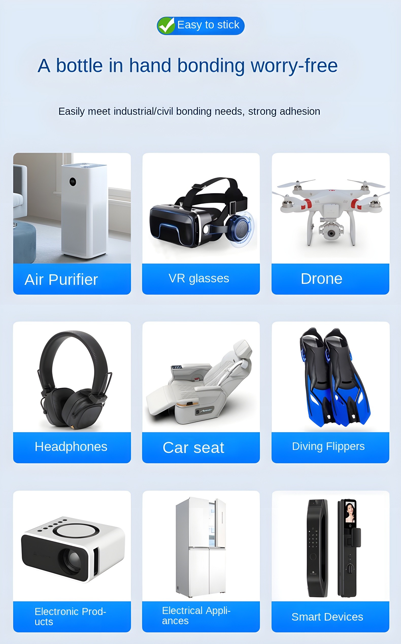 Application examples: Air Purifier, VR glasses, Drone, Headphones, Car seat, Diving Flippers