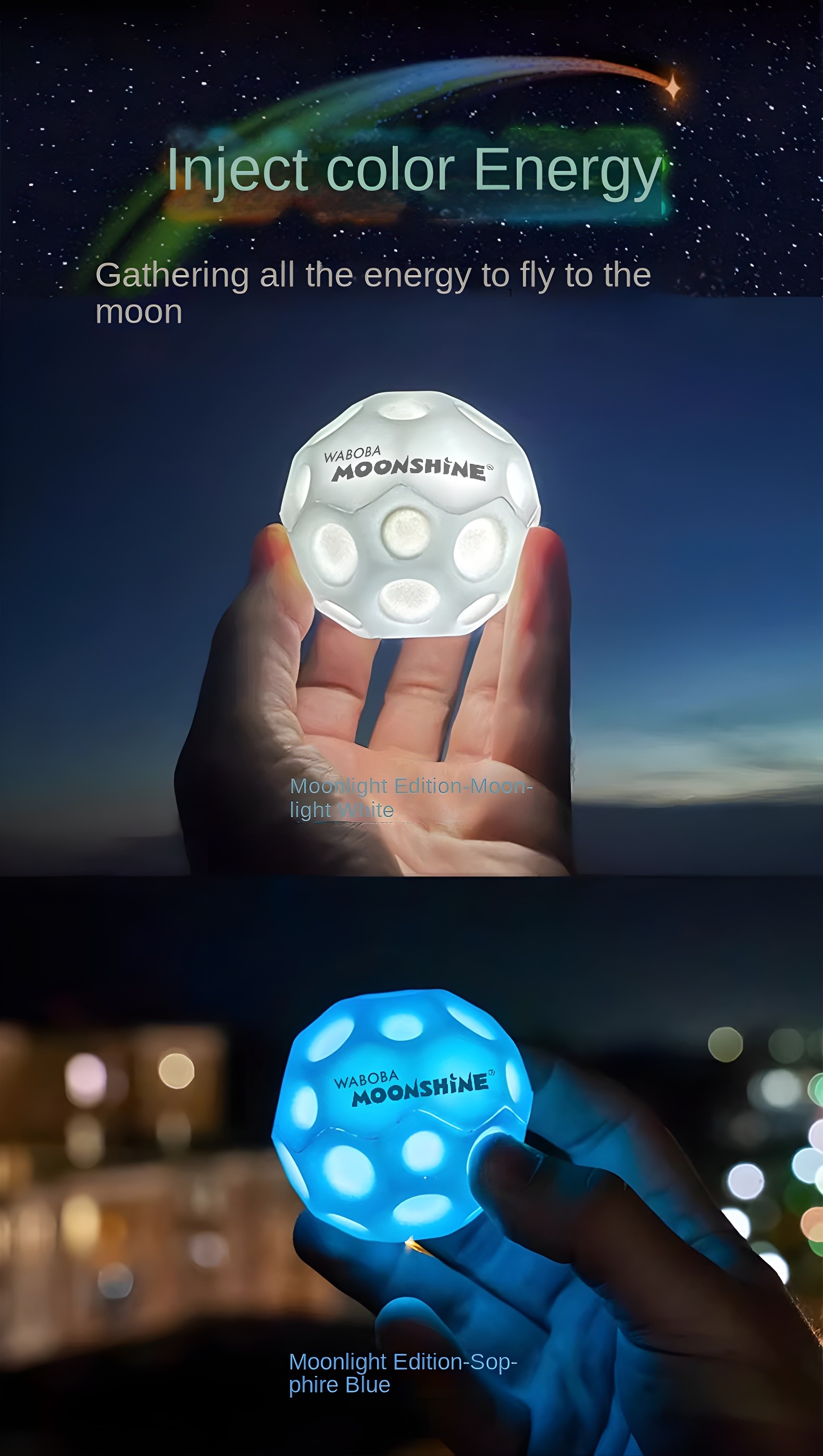 Moonlight Edition Moon Ball in white and blue glowing variants