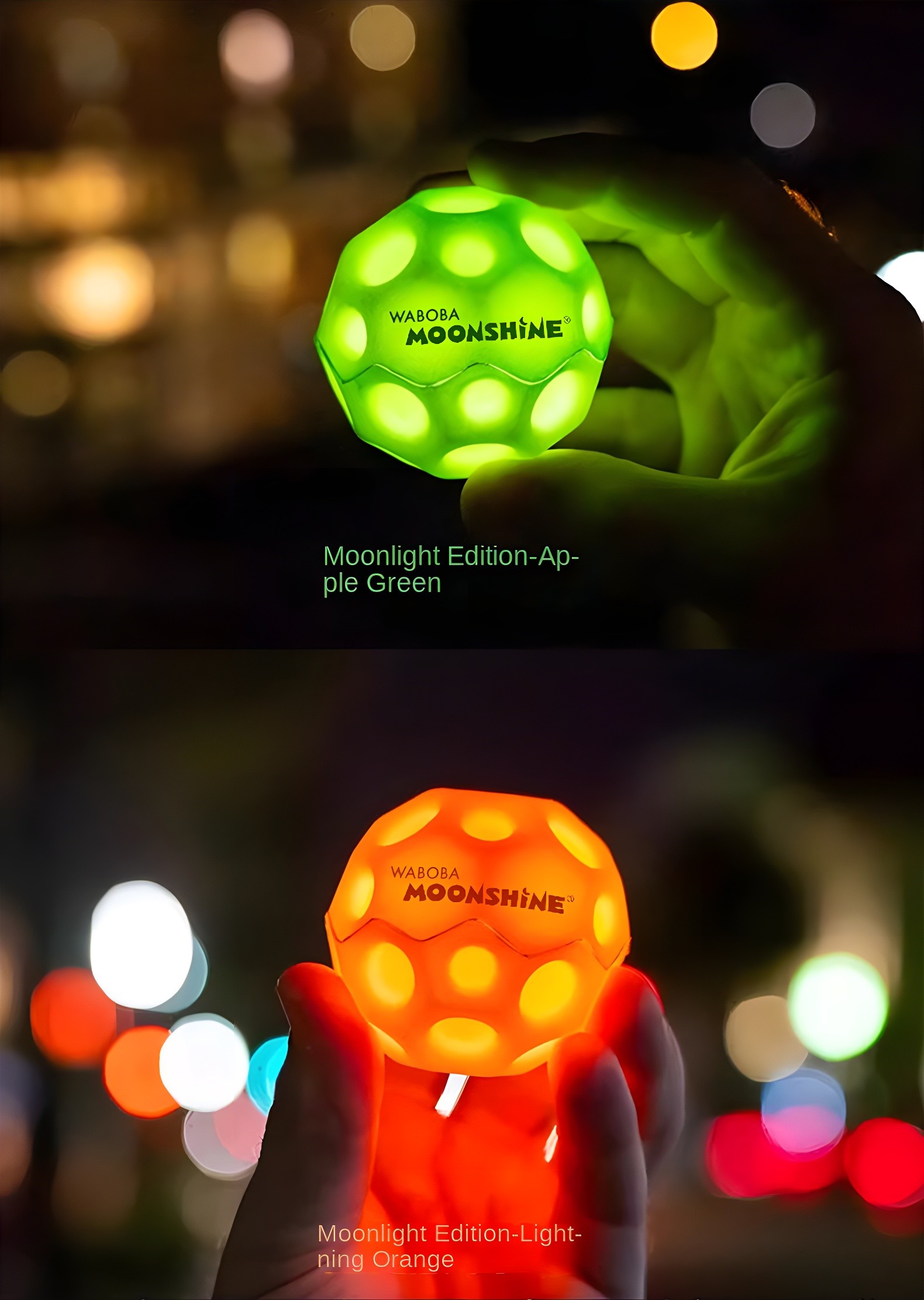 Moonlight Edition Moon Ball in Apple Green and Lightning Orange glowing variants