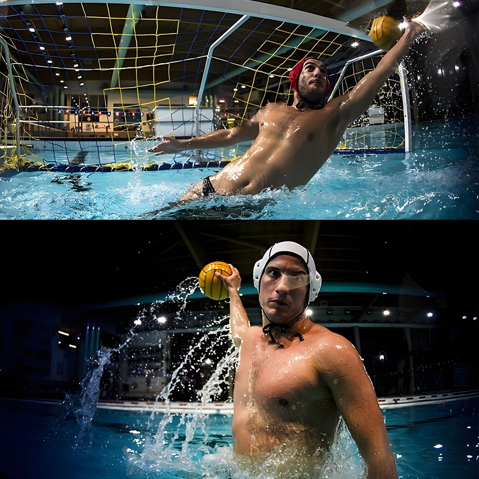 Water polo player in action, catching ball near goal