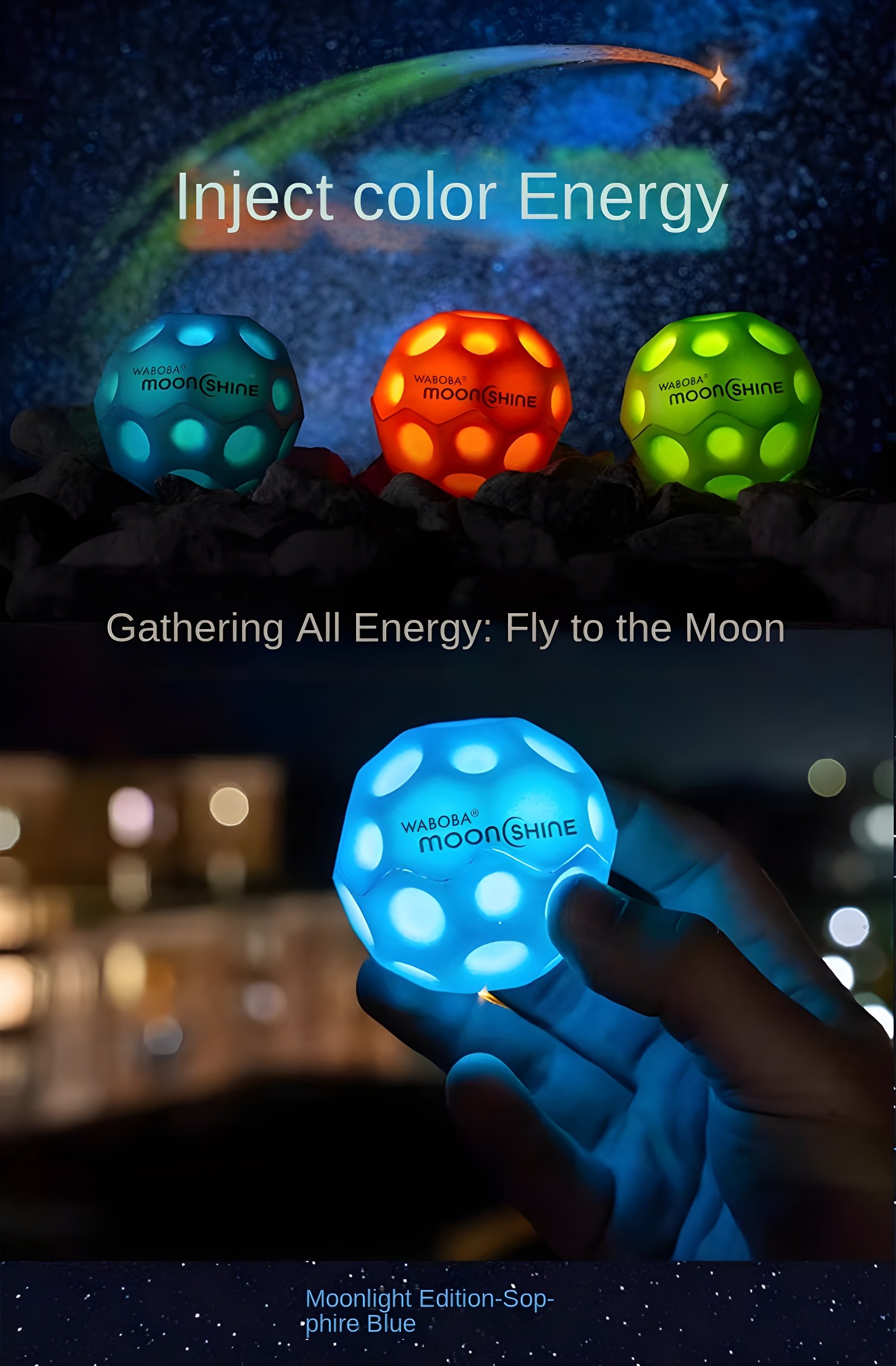Three glowing Waboba Moon Balls in blue, orange, and green, with text 'Inject color Energy' and 'Gathering All Energy: Fly to the Moon'.