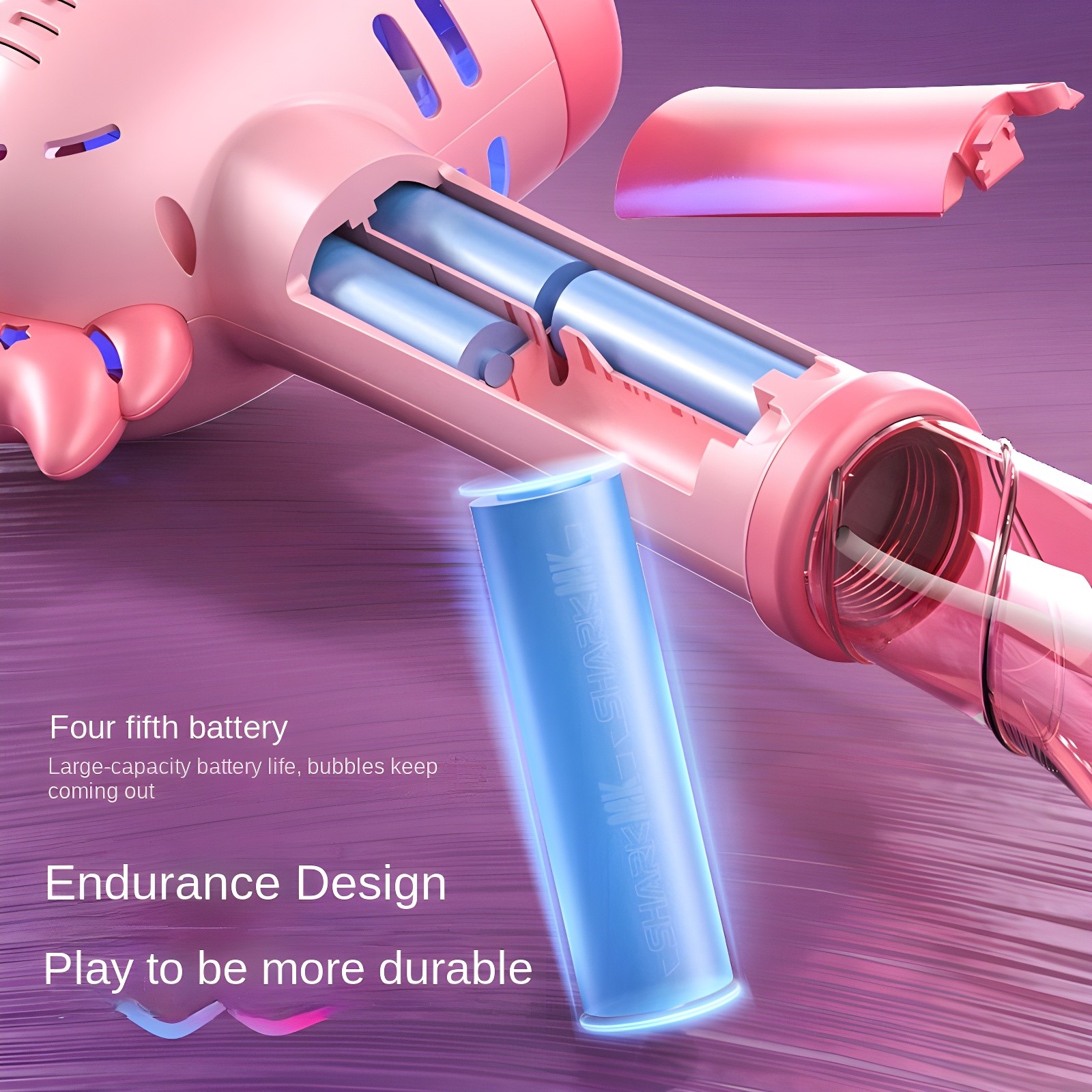 Unicorn Bubble Stick battery compartment showing four fifth battery and endurance design
