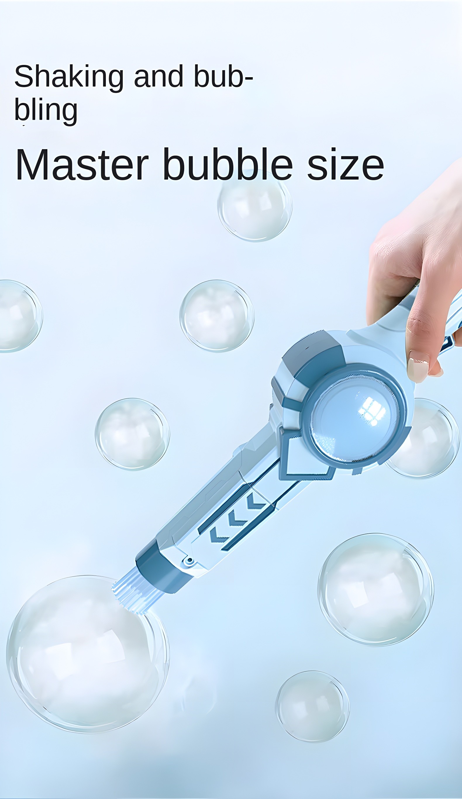 Hand holding blue bubble gun producing large bubbles