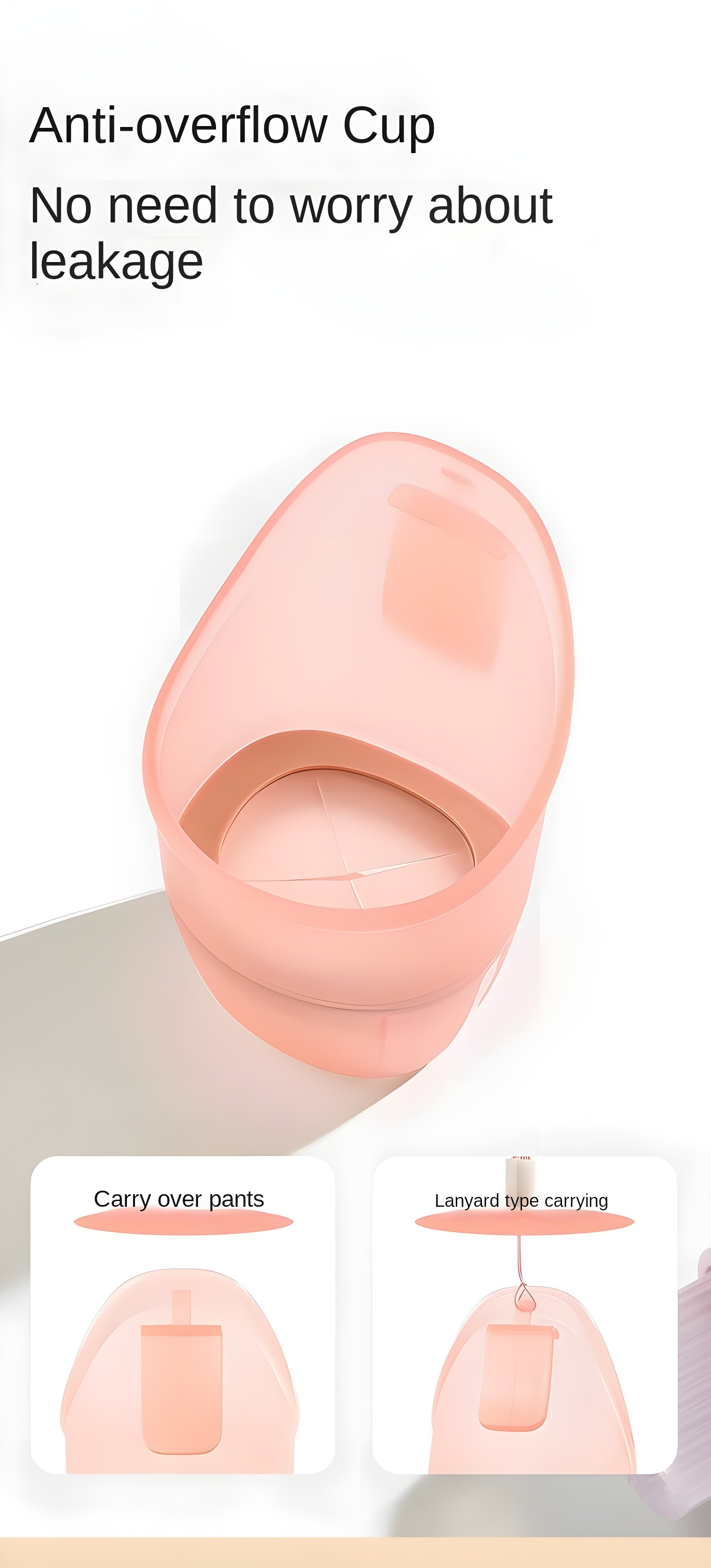 Pink anti-overflow cup with carrying options