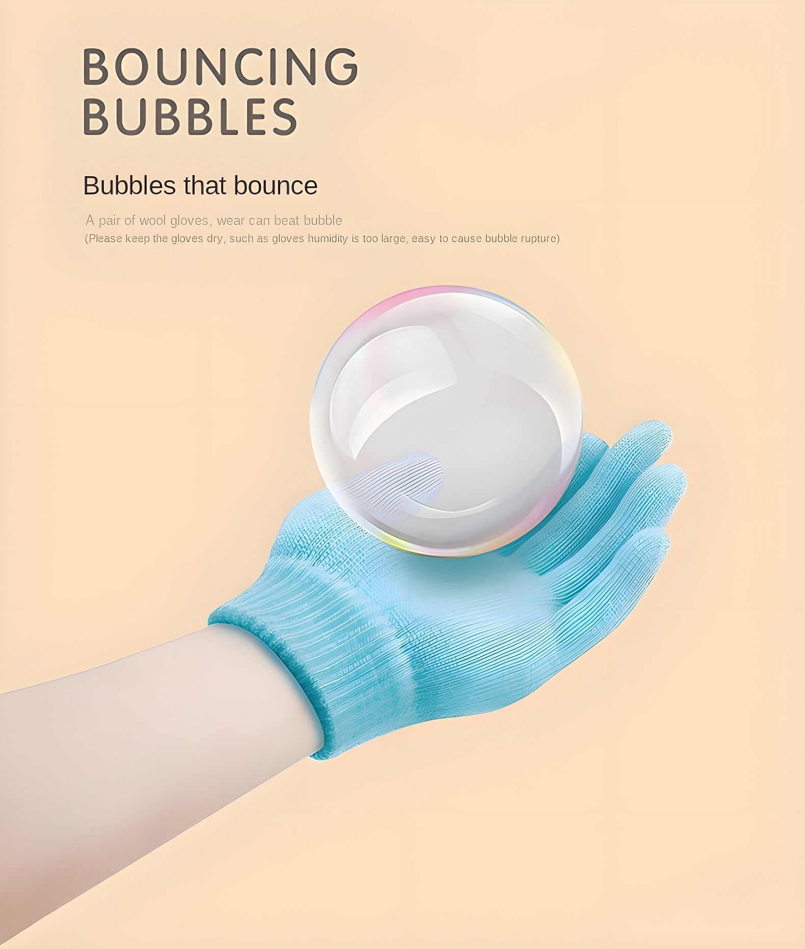 Hand wearing blue glove holding a bouncing bubble