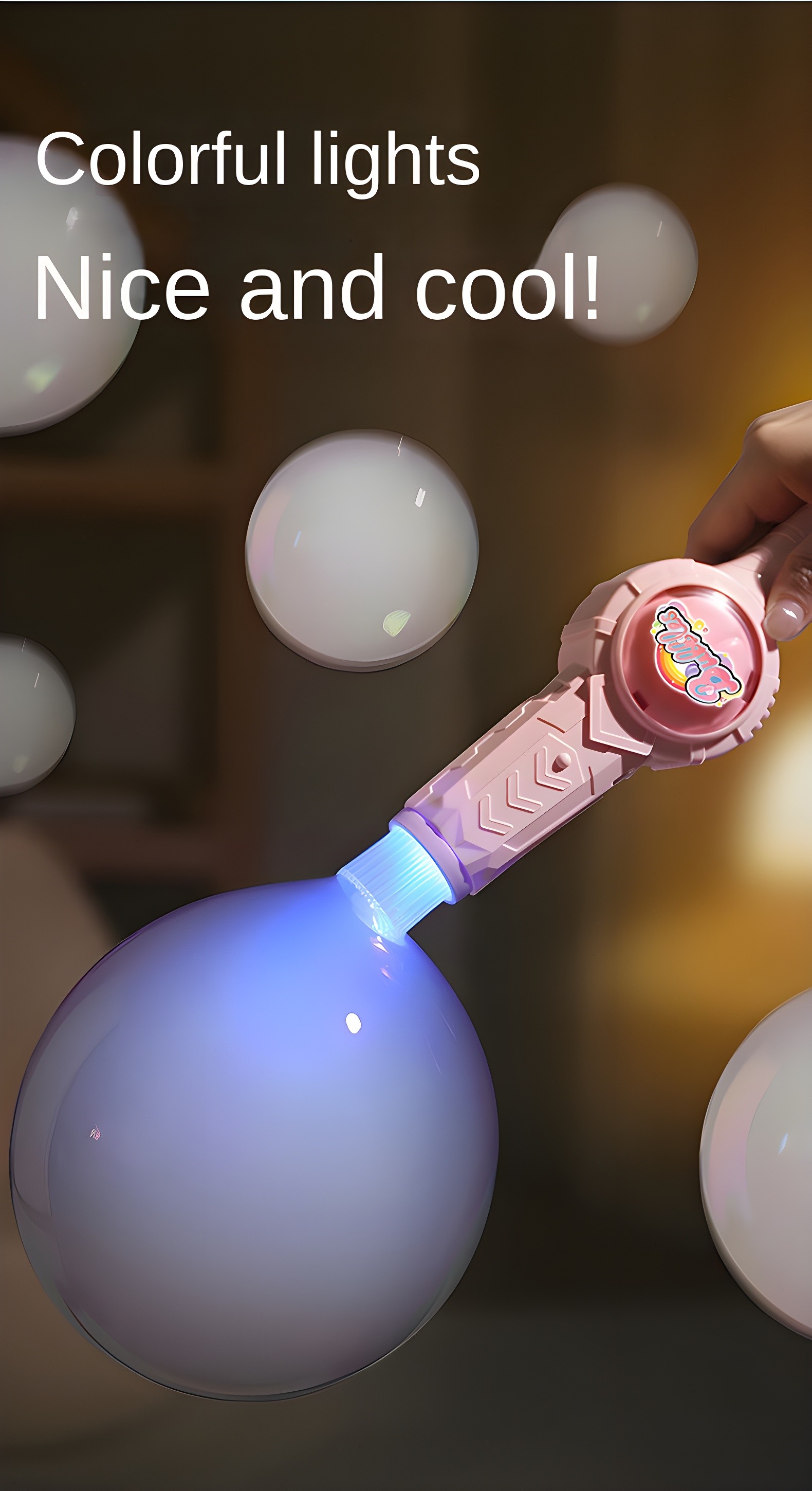 Pink bubble gun with colorful LED lights illuminating a large bubble