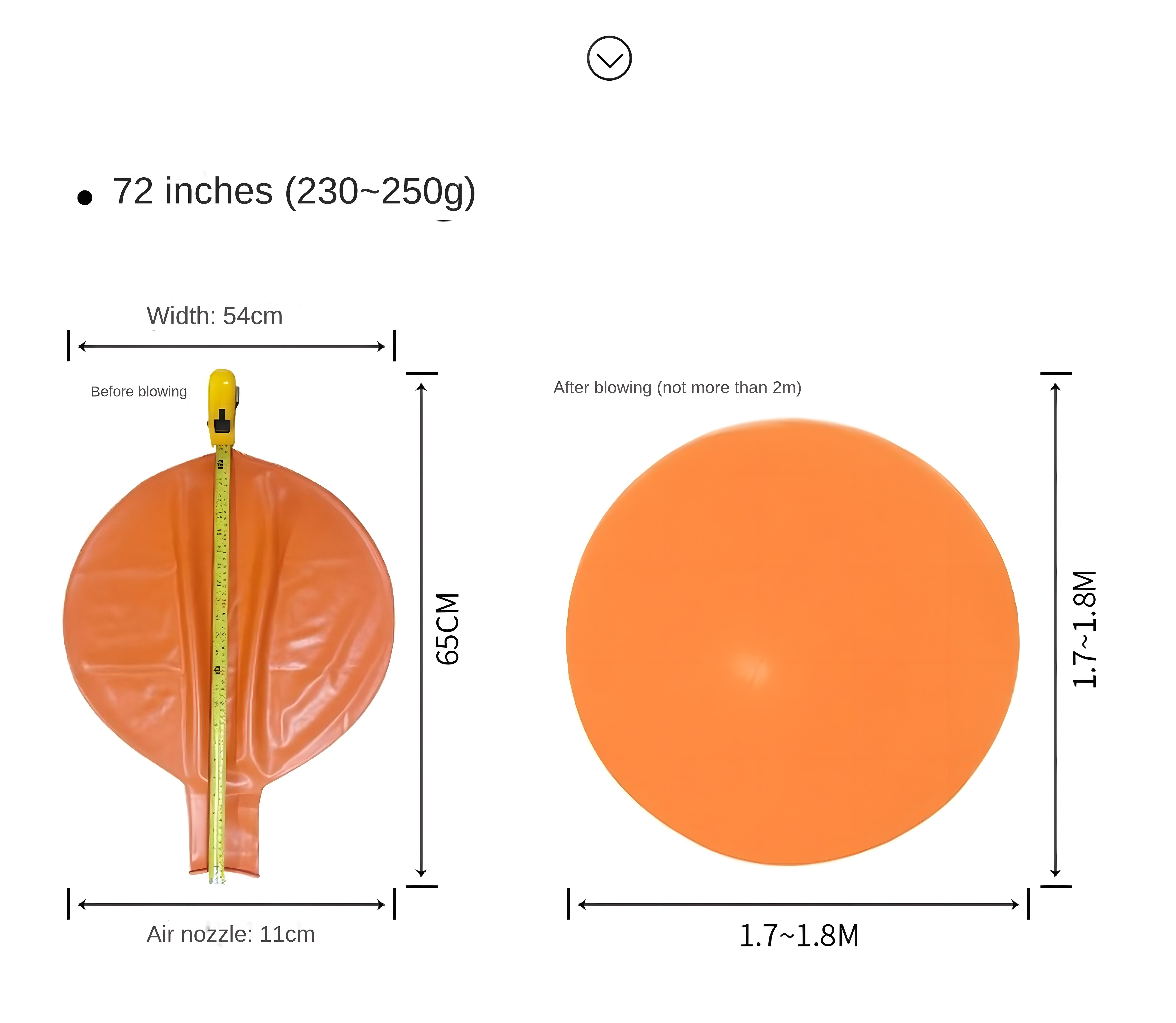 Product size chart showing dimensions before and after inflation