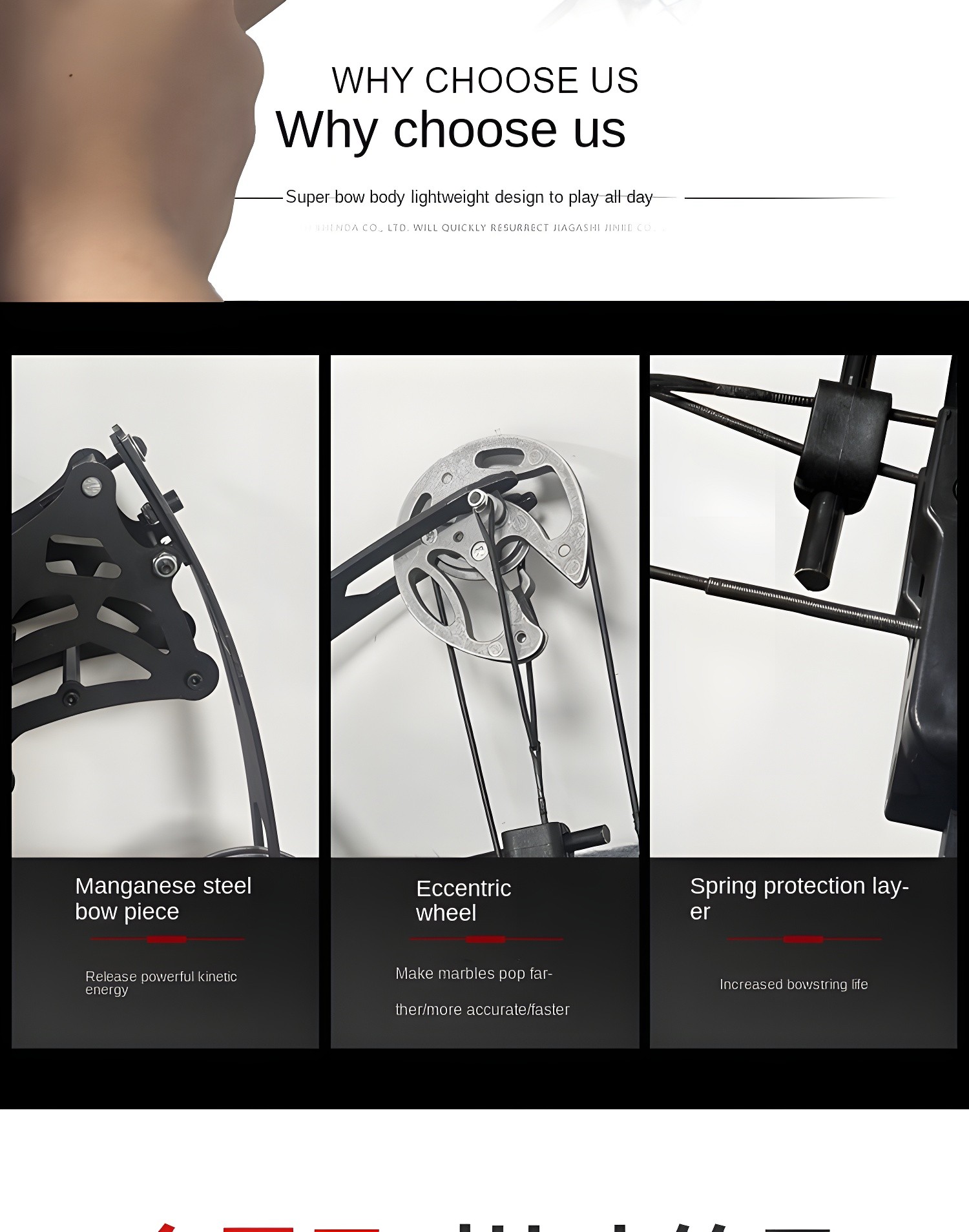 Close-up details of the bow's components: Manganese steel bow piece, Eccentric wheel, Spring protection layer