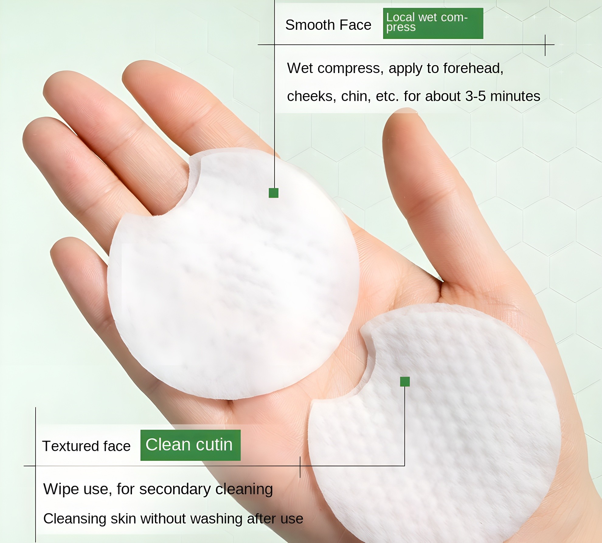 Hand holding two Ouhuaji pads showing smooth and textured sides with usage instructions