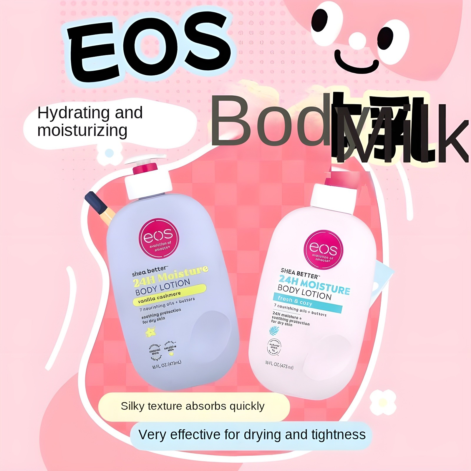 EOS Body Milk Ad featuring Vanilla Cashmere and Fresh & Cozy variants