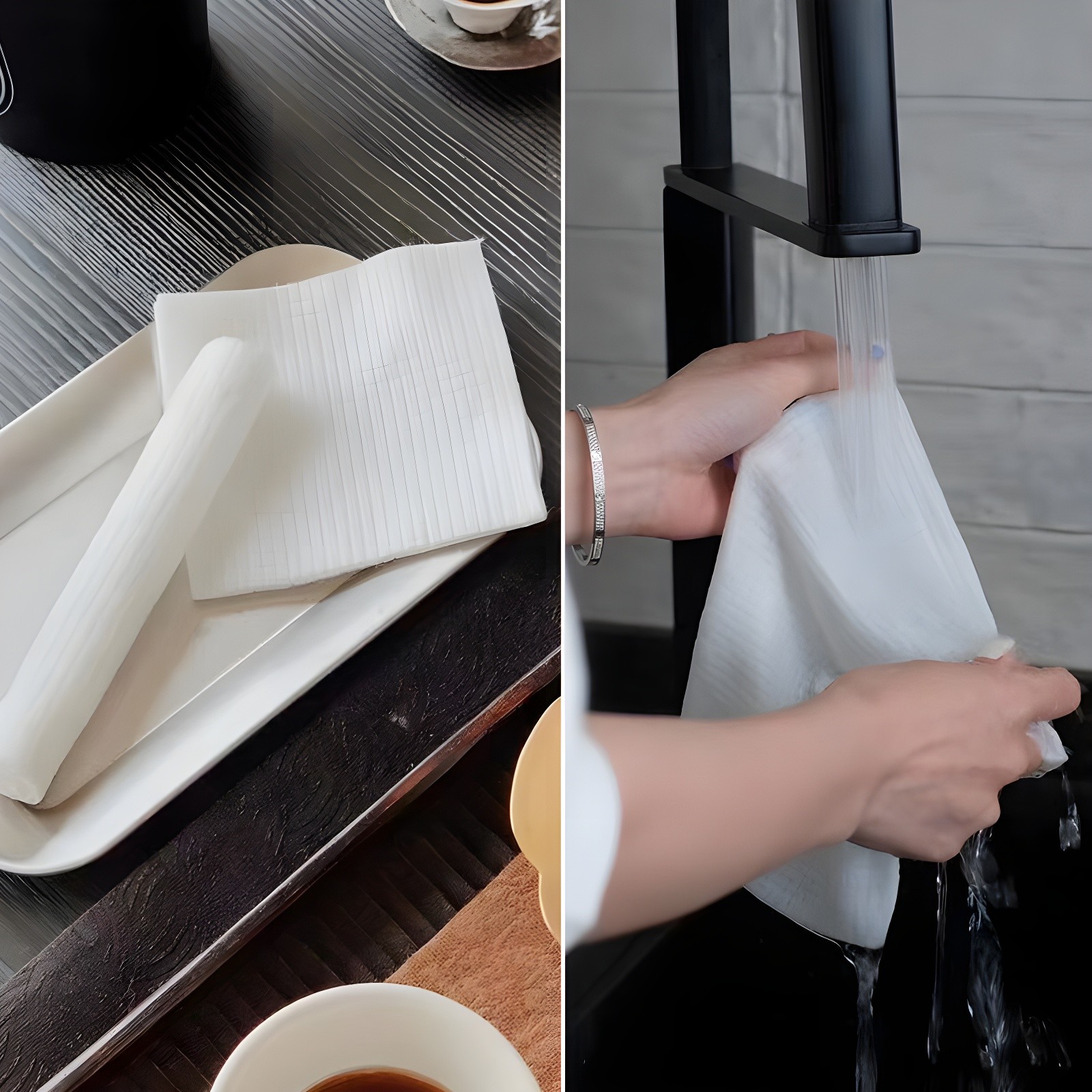 Close-up of dual-textured U-sissy towel being used at a sink