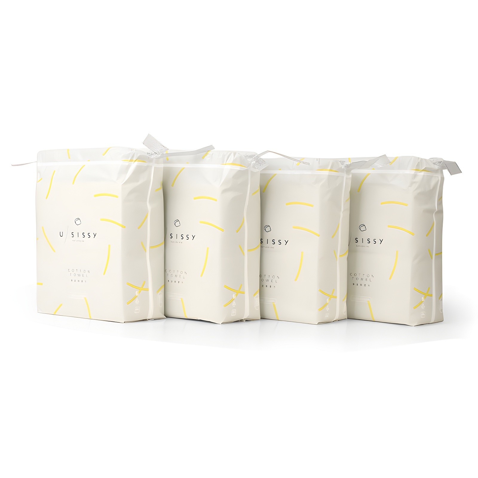 Four packs of U-sissy cotton towels arranged neatly