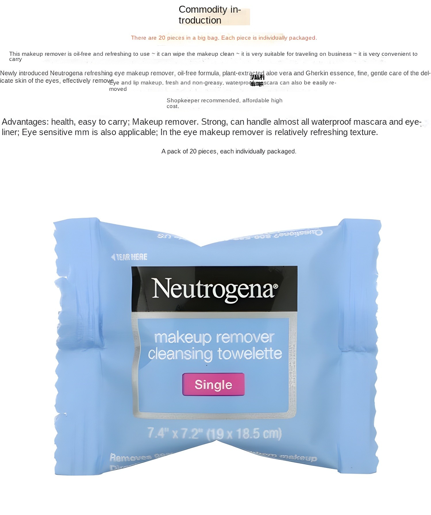 Close-up of Neutrogena single towelette packaging with product description
