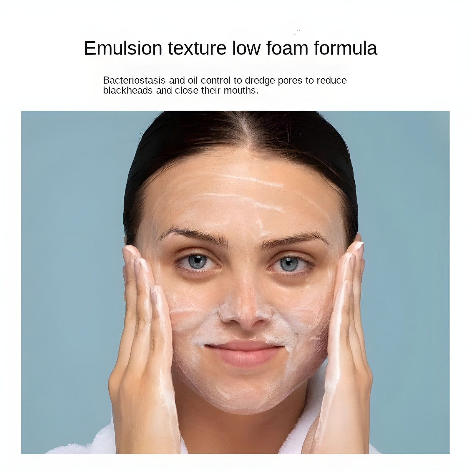 Woman applying low foam emulsion texture cleanser