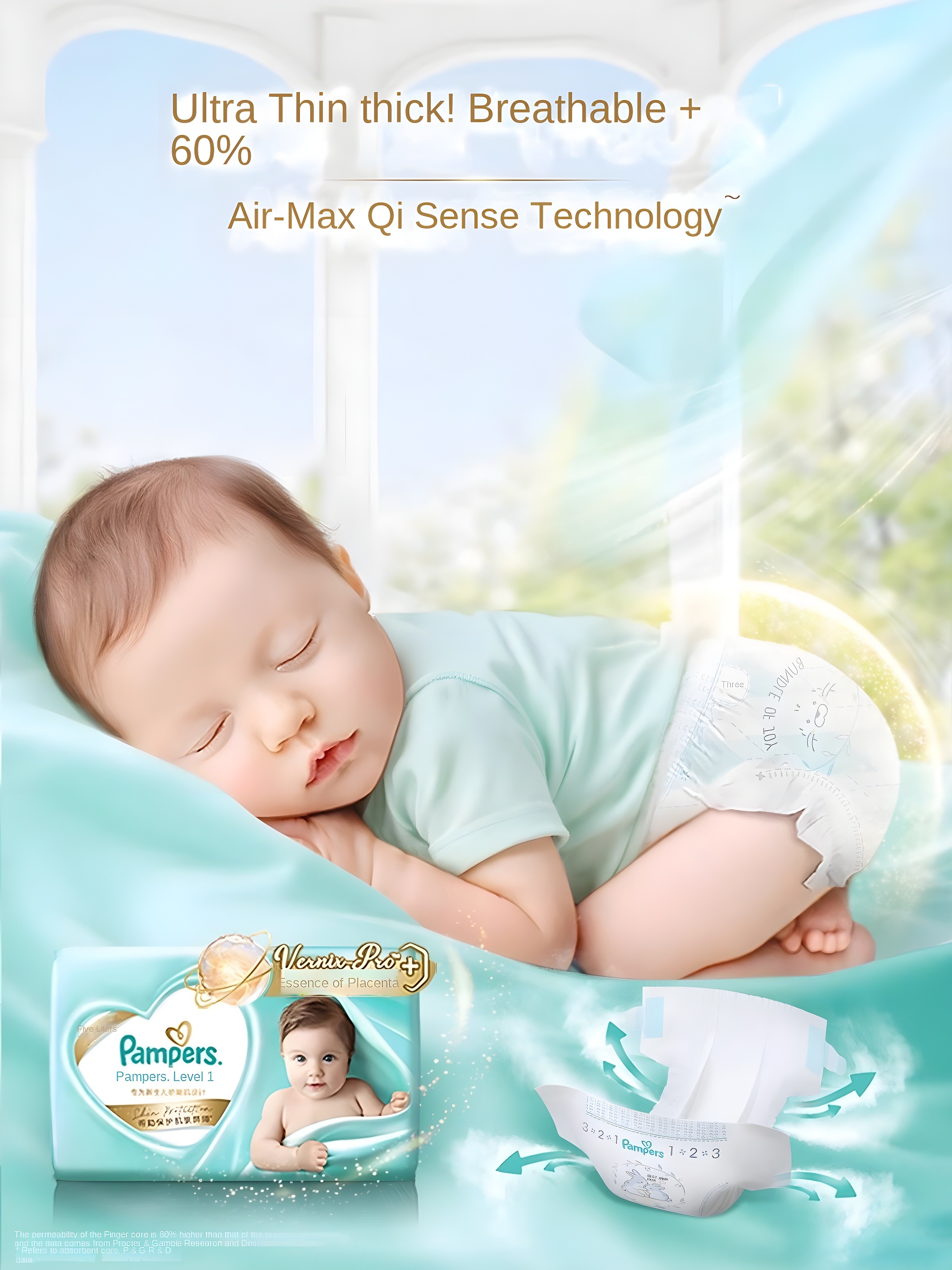 Baby sleeping peacefully in Pampers diaper, showcasing Air-Max Qi Sense Technology