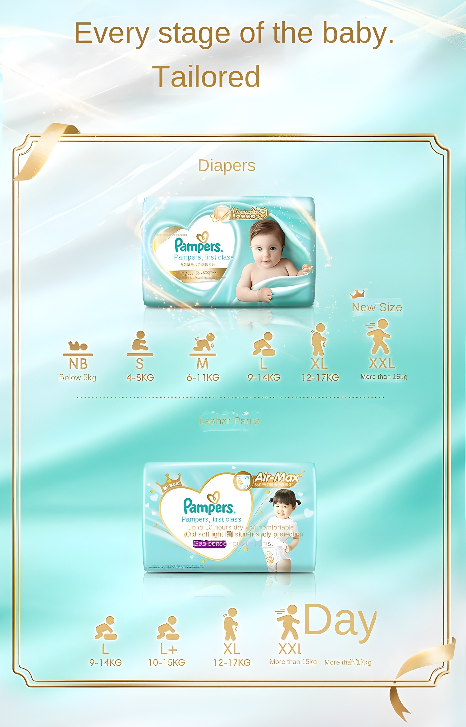 Sizing chart for Pampers diapers and pull-ups, showing stages from NB to XXL