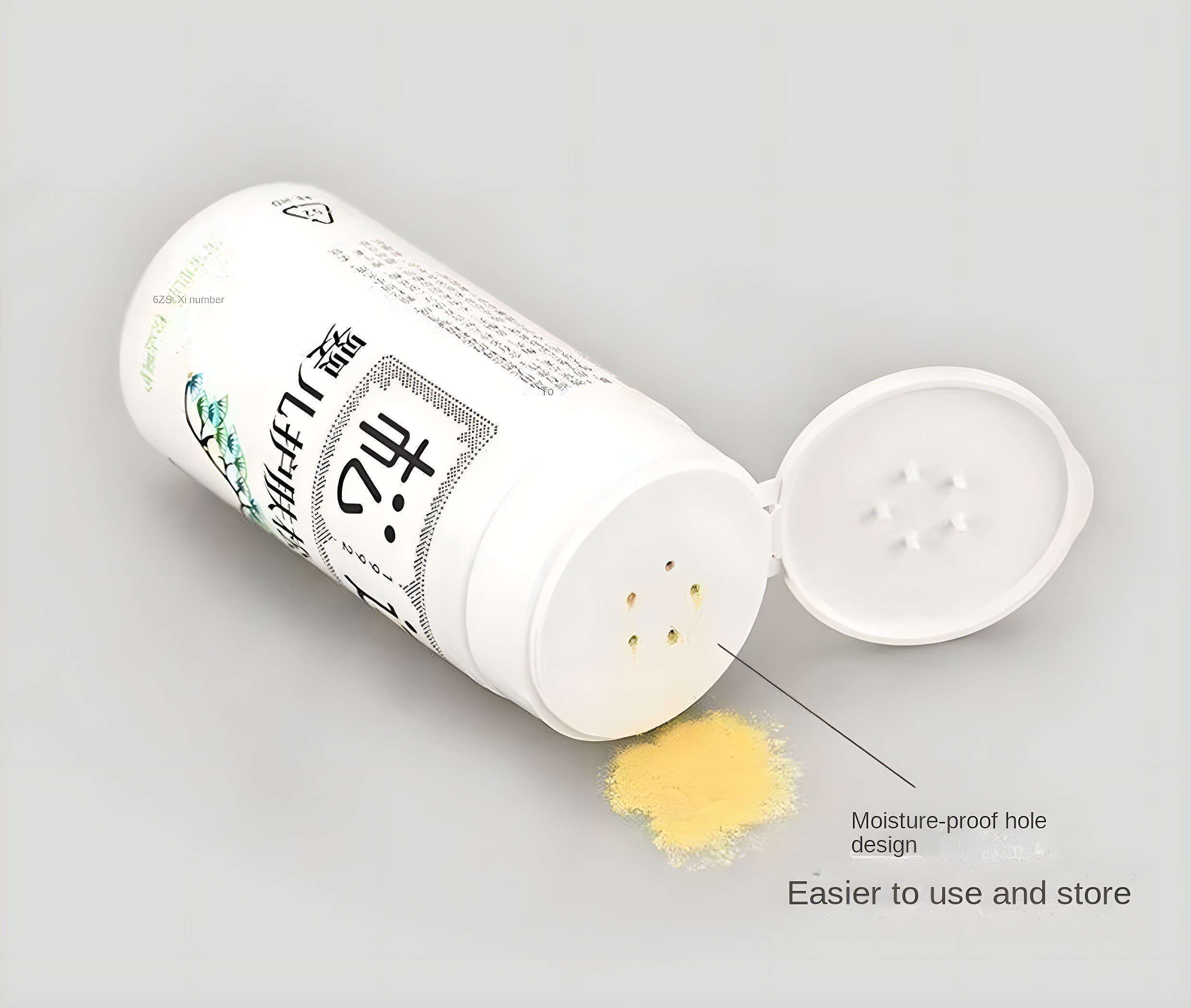 Close-up of open Songda powder bottle showing moisture-proof holes and yellow powder