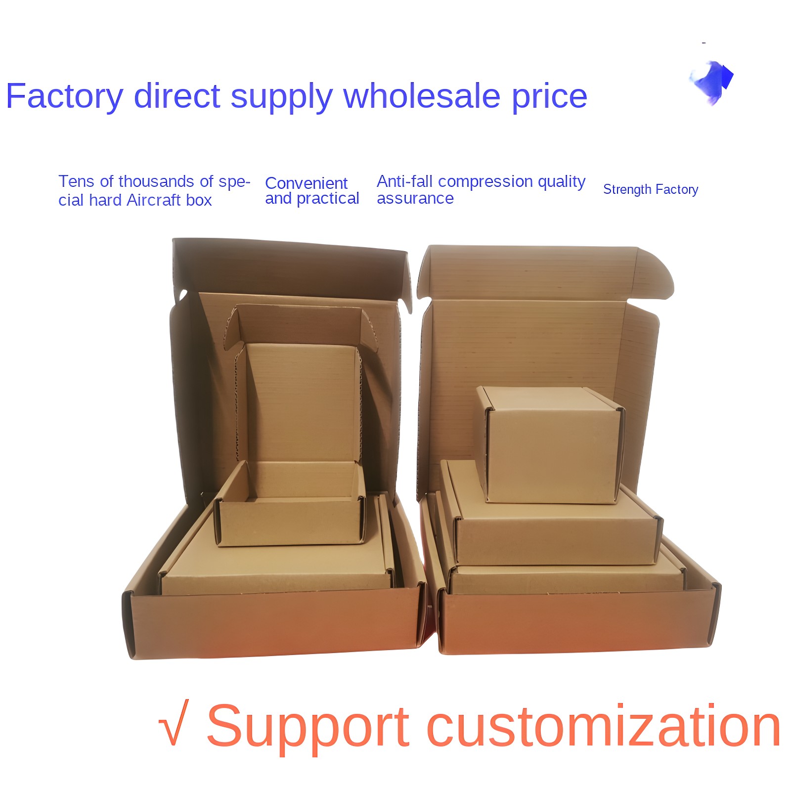 Two sets of open aircraft boxes with text highlighting factory supply and customization