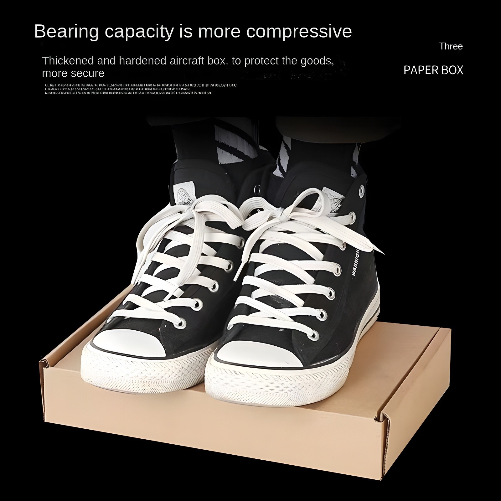 Black sneakers placed on top of a reinforced airplane box demonstrating bearing capacity