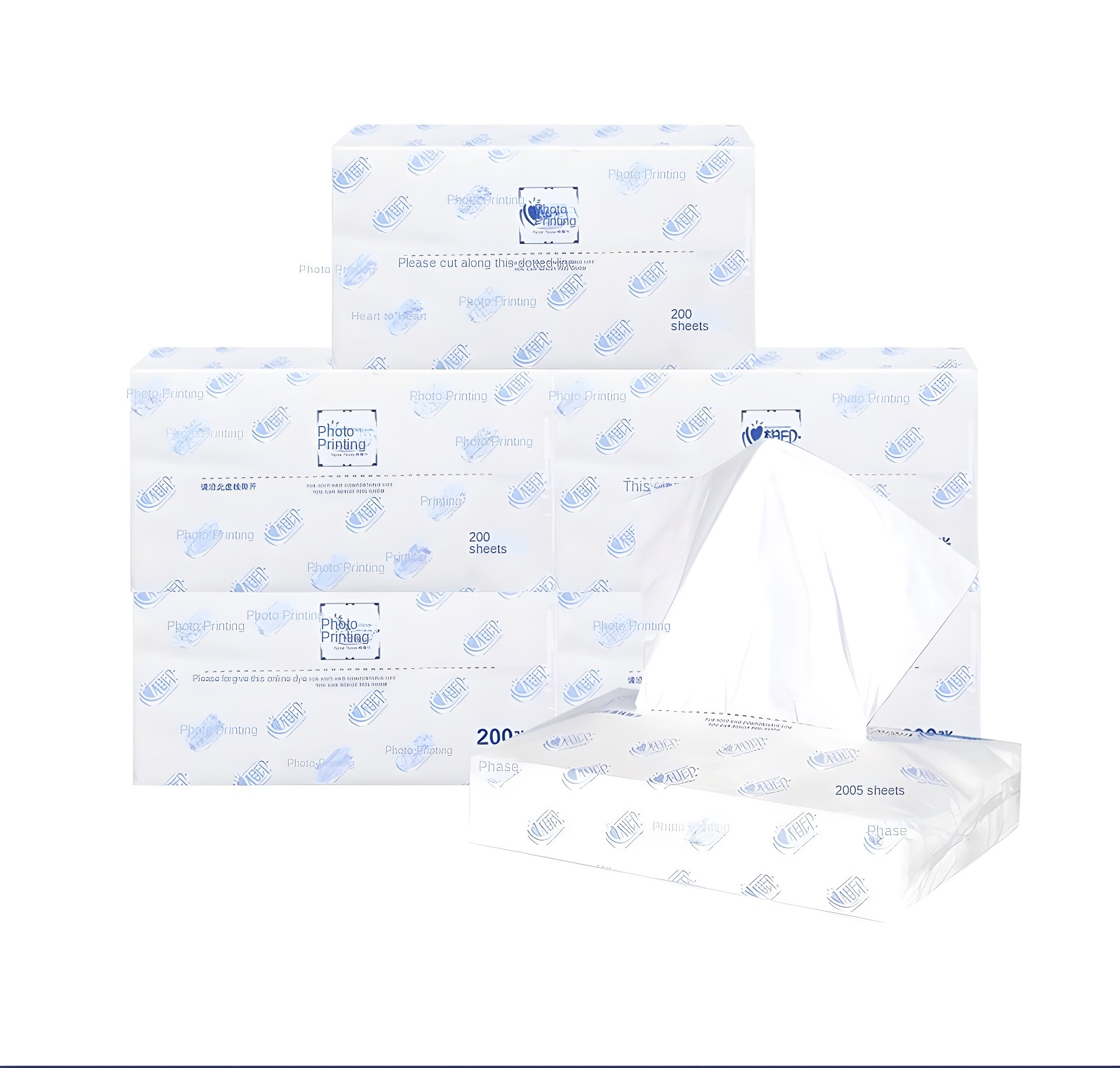 Multiple packs of HeartPrint DT100 tissues arranged neatly