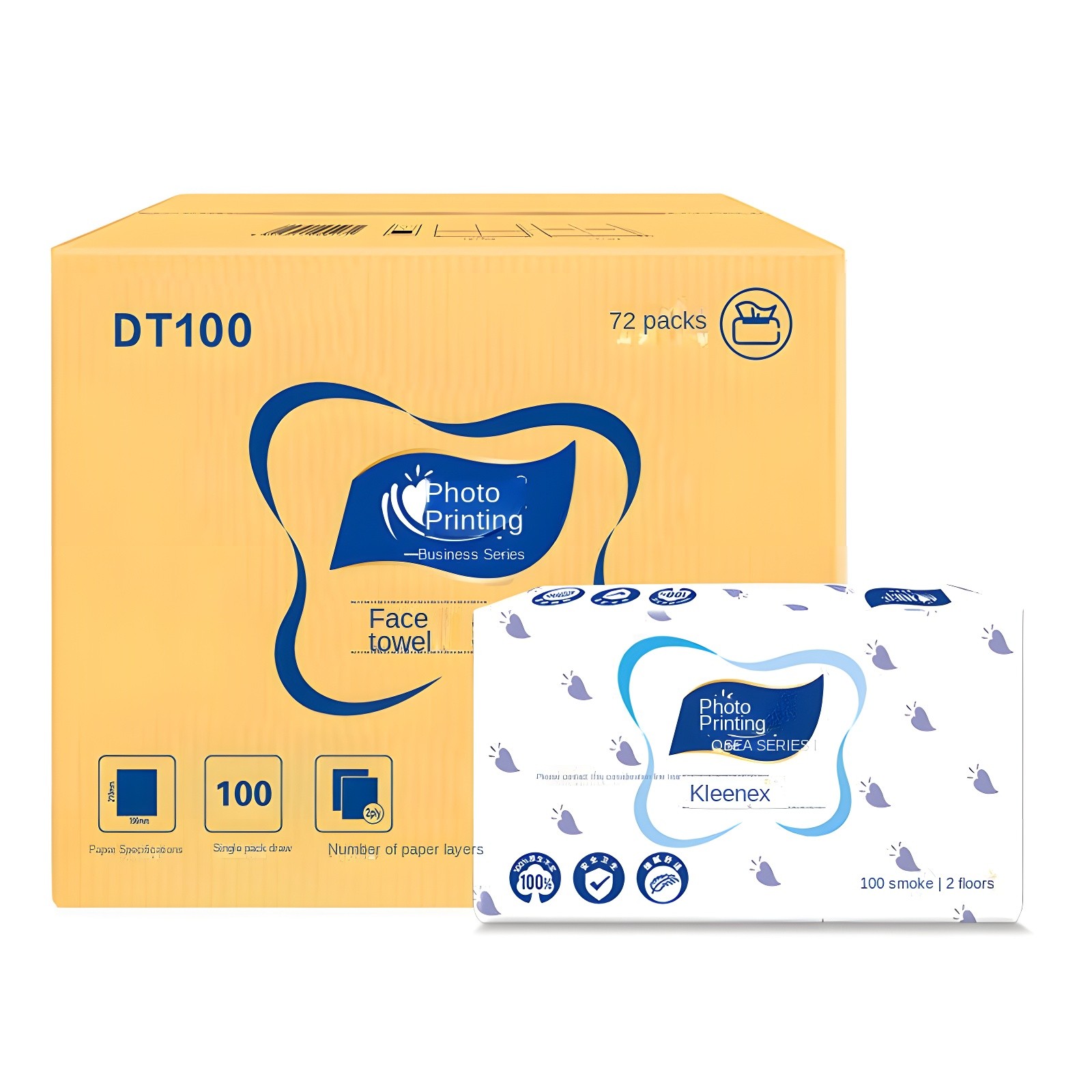 Large carton of HeartPrint DT100 tissues labeled '72 packs'