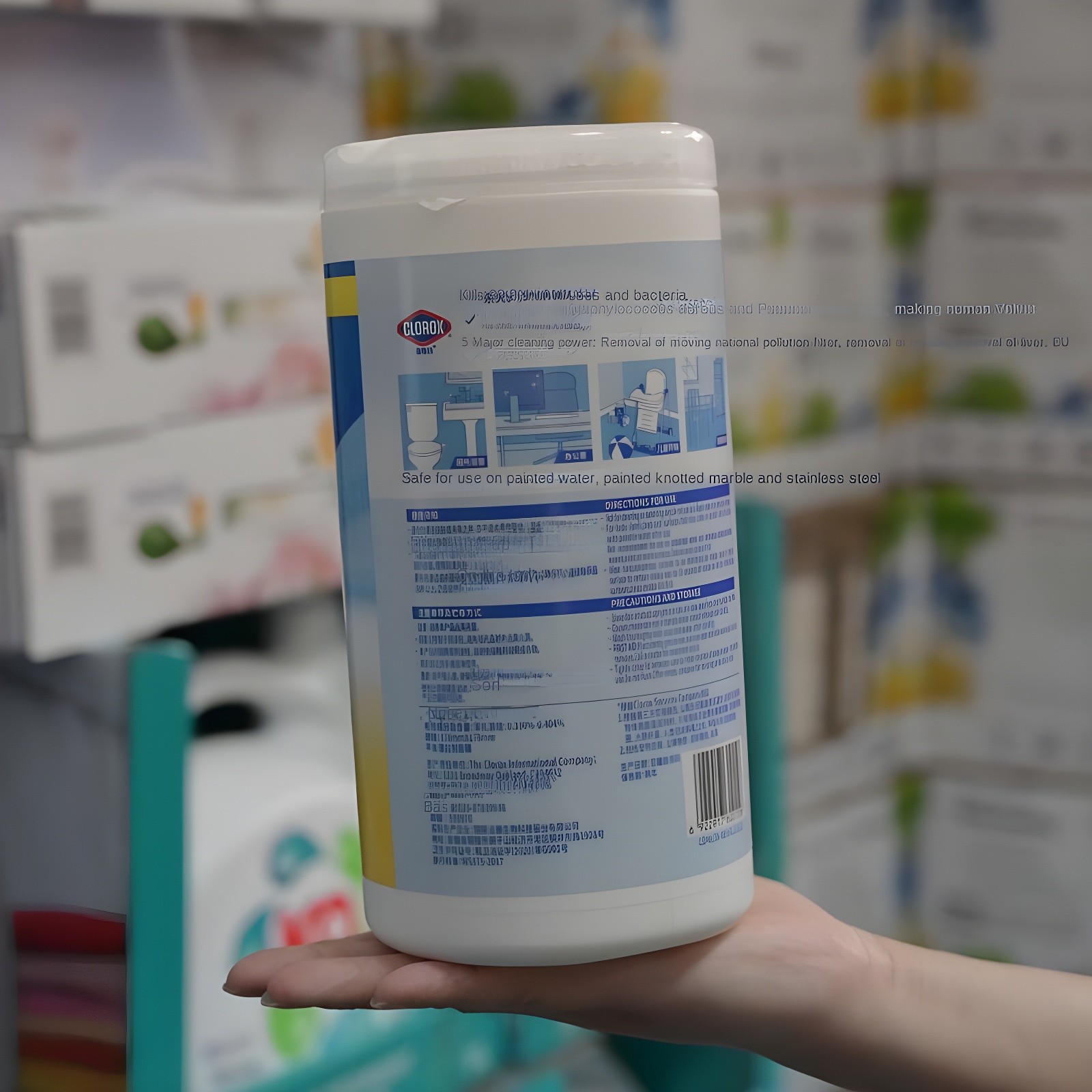 CLOROX Wipe back label showing safe surfaces