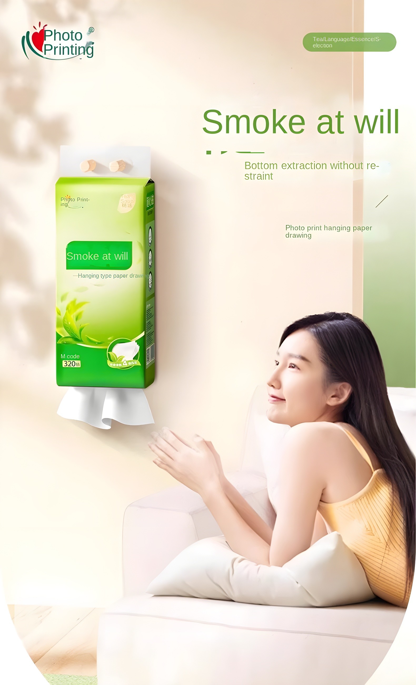 Woman using the hanging tissue box in a cozy home setting