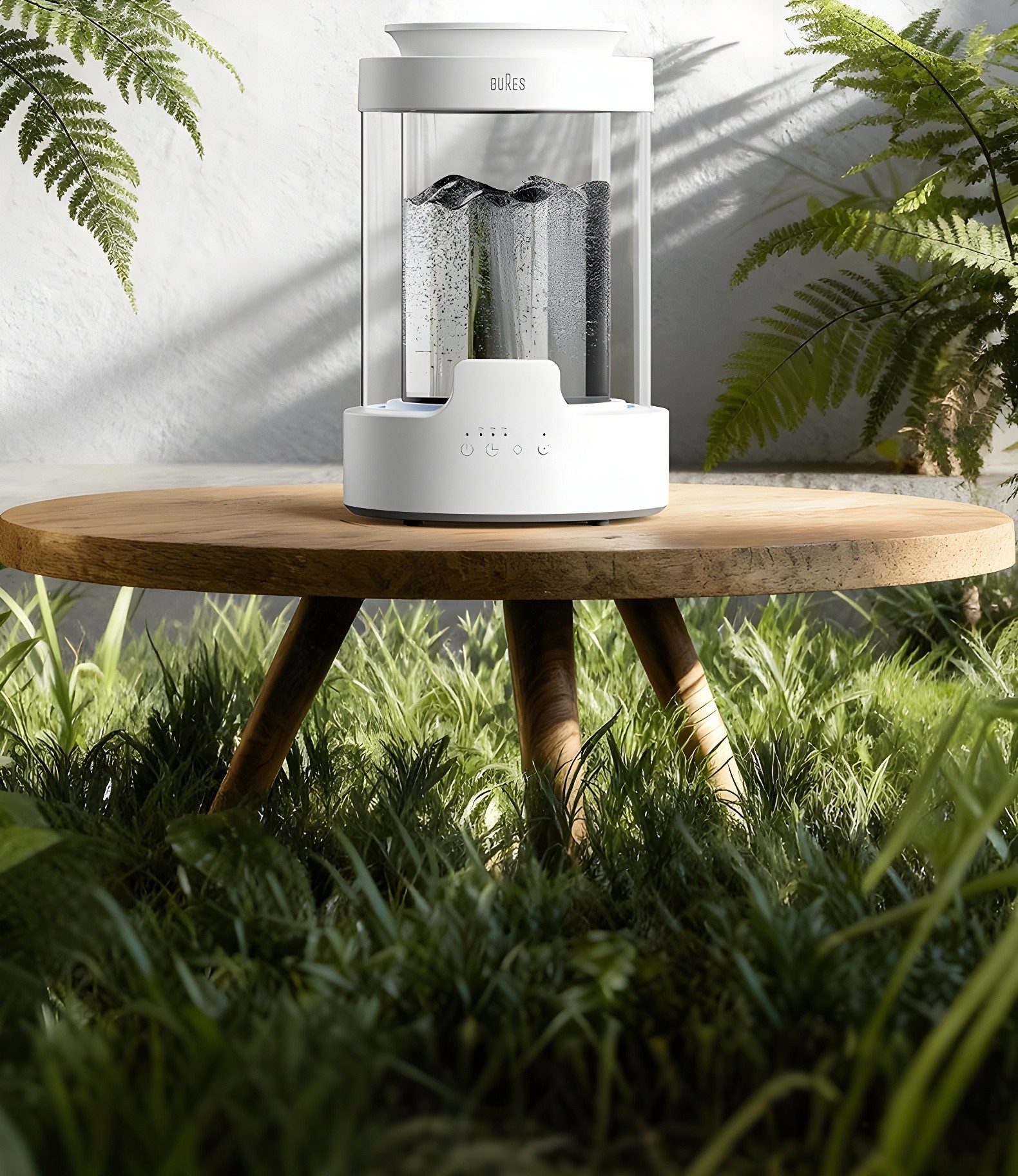 The humidifier placed on a wooden table surrounded by greenery, showcasing its natural and serene aesthetic.