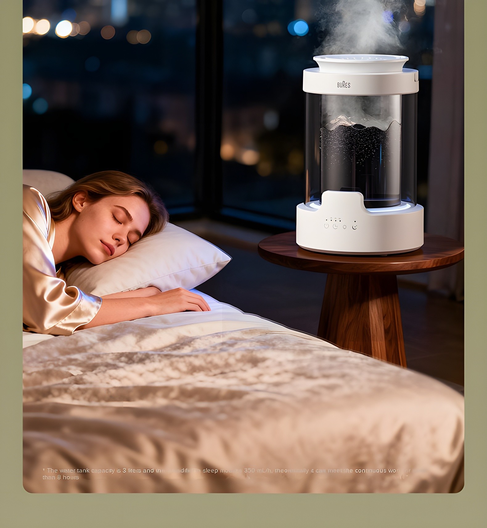A woman sleeping peacefully next to the humidifier on her bedside table, with city lights visible outside.