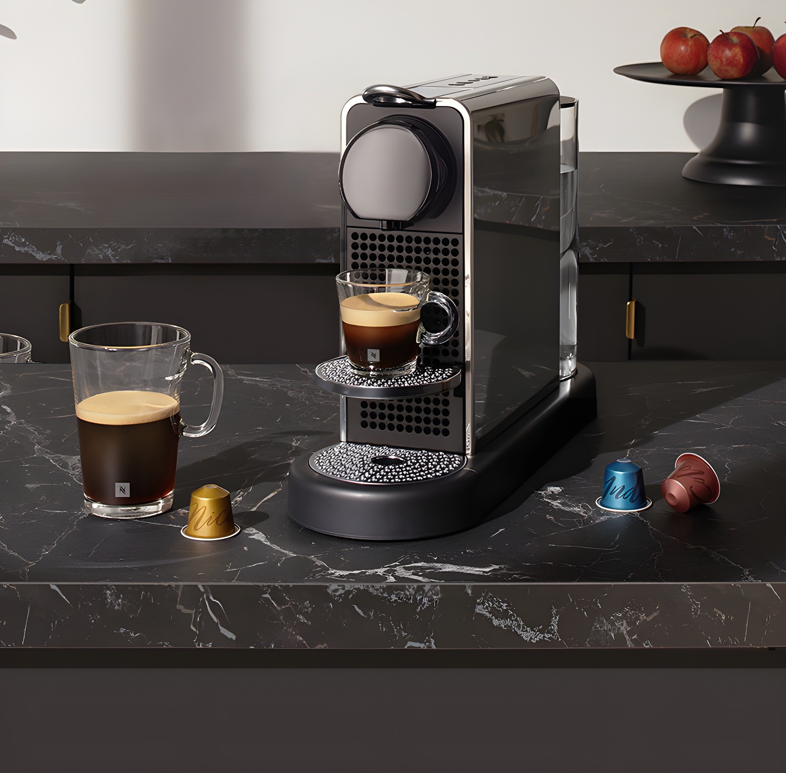 Citiz Platinum on black marble counter with two cups of coffee and capsules