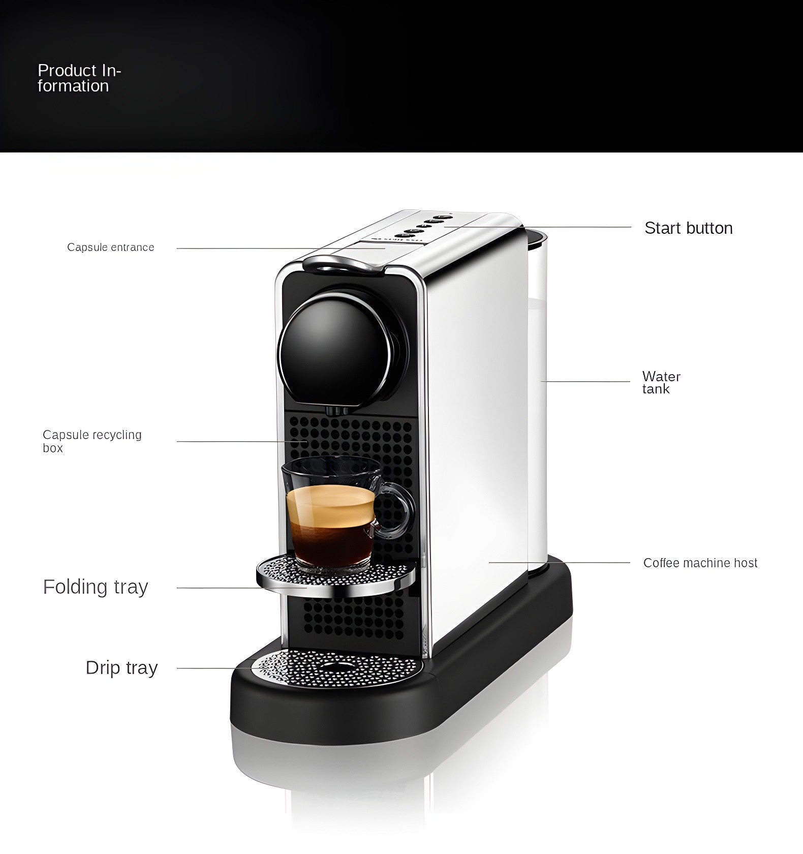 Diagram labeling parts of the Citiz Platinum: Start button, Water tank, Capsule entrance, etc.
