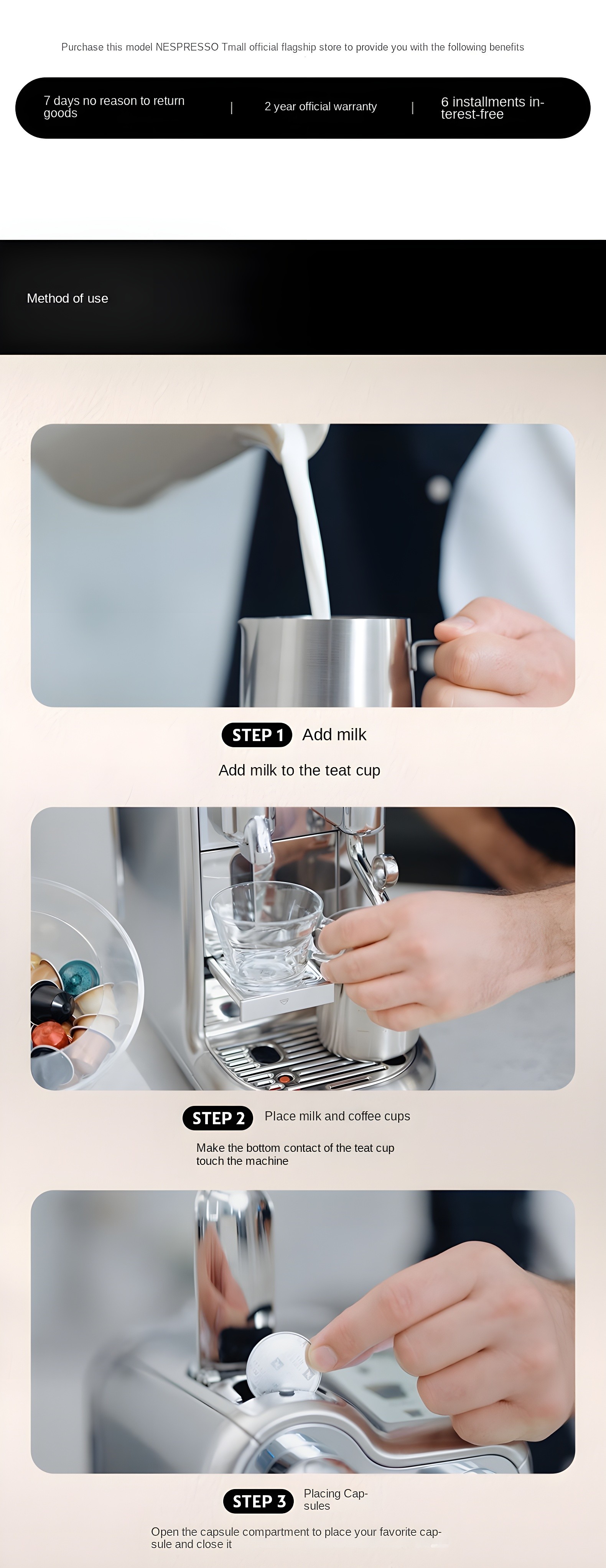 Step-by-step guide showing adding milk, placing cups, and inserting capsule