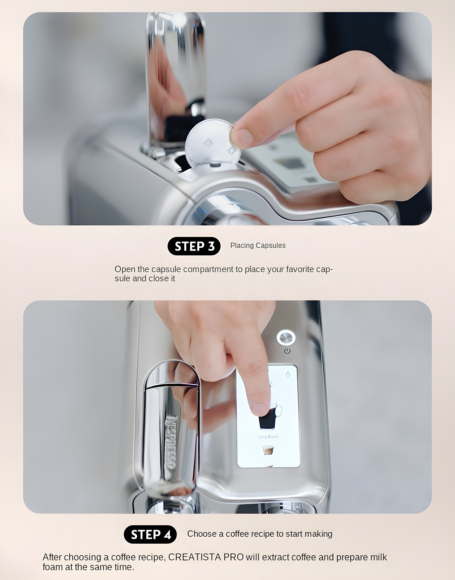 Step-by-step guide showing placing capsule and selecting recipe on touchscreen