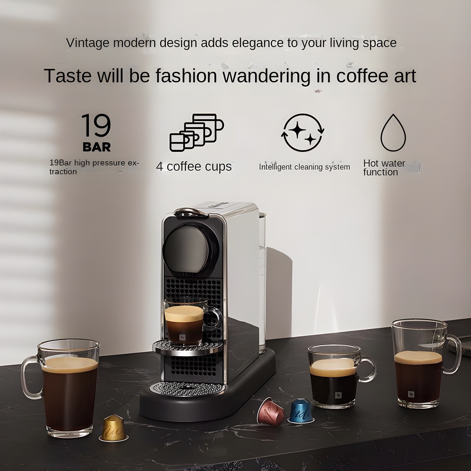 Nespresso CitiZ Platinum showcasing 19 Bar pressure, 4 coffee cup sizes, intelligent cleaning, and hot water function