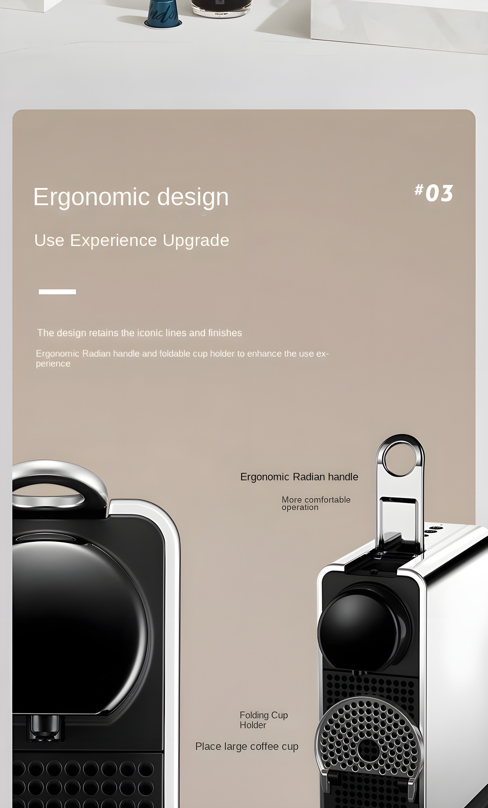 Close-up of the ergonomic handle and folding cup holder of the Nespresso CitiZ Platinum