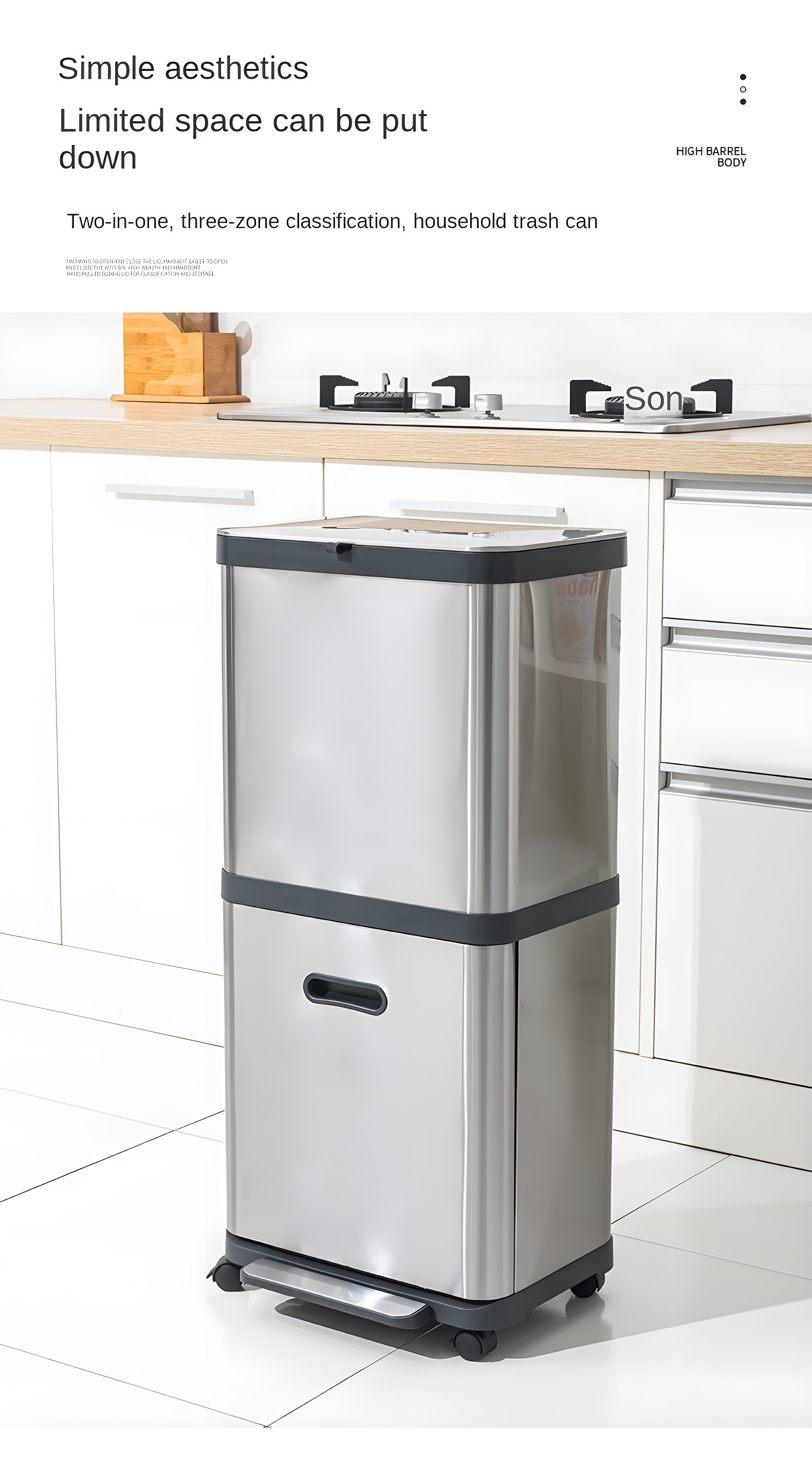 Bin shown in a kitchen with text highlighting 'Simple aesthetics' and 'Limited space can be put down'