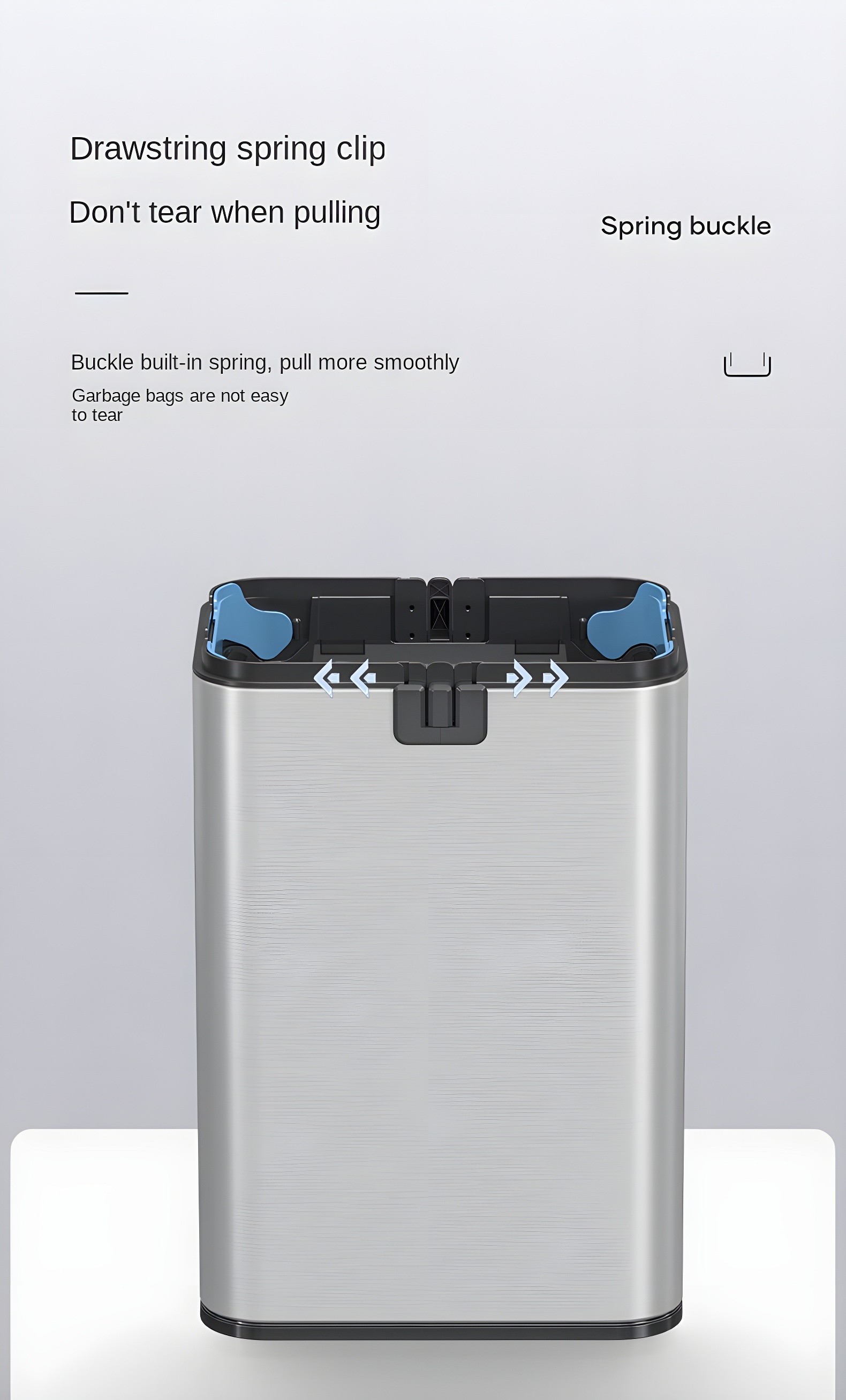 Drawstring spring clip feature preventing tear when pulling